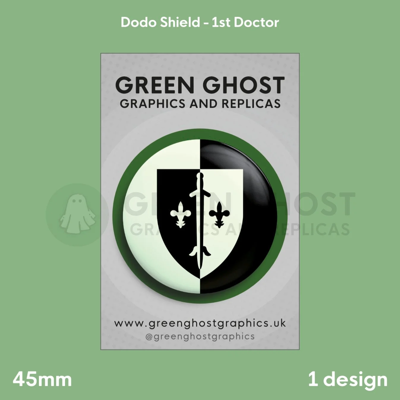 A round badge with a black‑and‑white split shield design shown on a branded backing card against a green background.