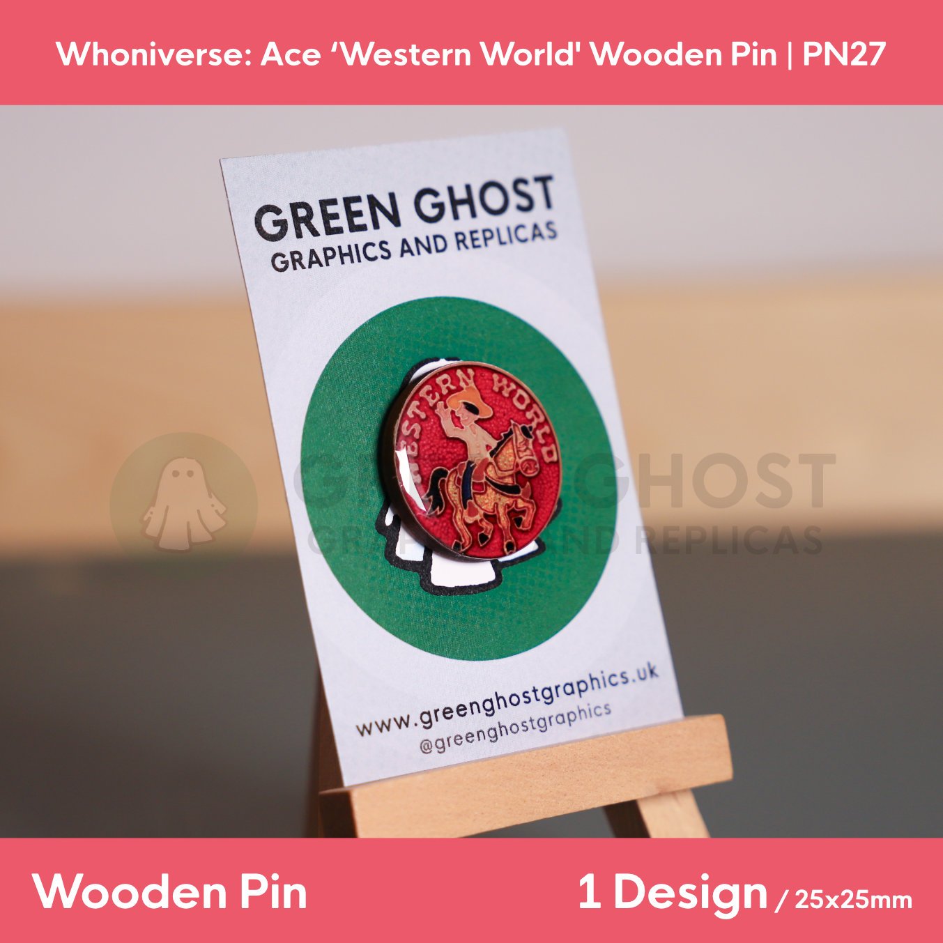 A circular wooden pin featuring a horse‑and‑rider design and the text “WESTERN WORLD,” mounted on a branded backing card on a wooden easel.