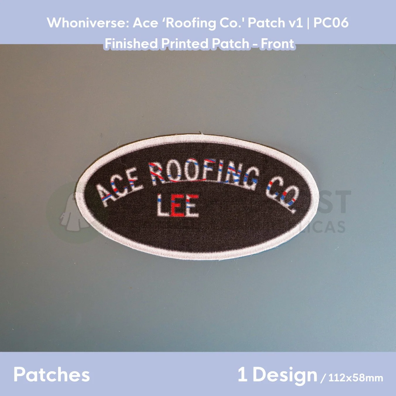 Finished version of the Ace Roofing patch laid flat on a table showing the front design.