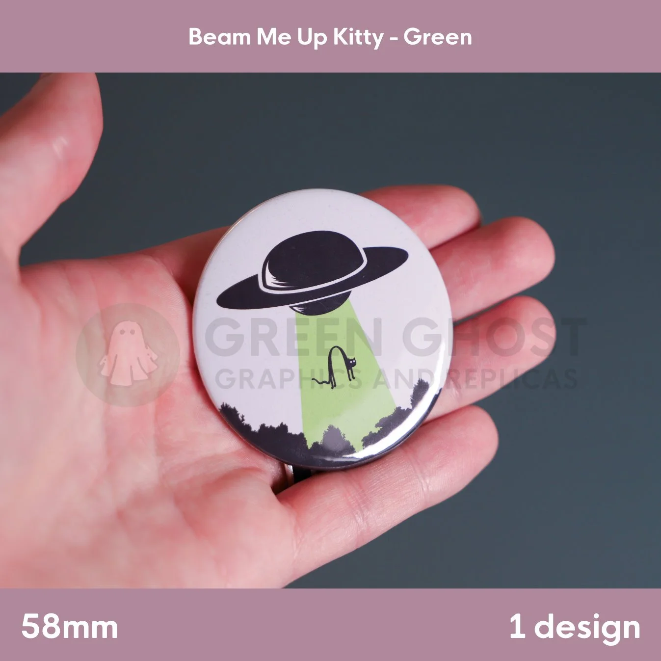 A round badge with a green UFO beam lifting a cat held in a hand against a teal background.
