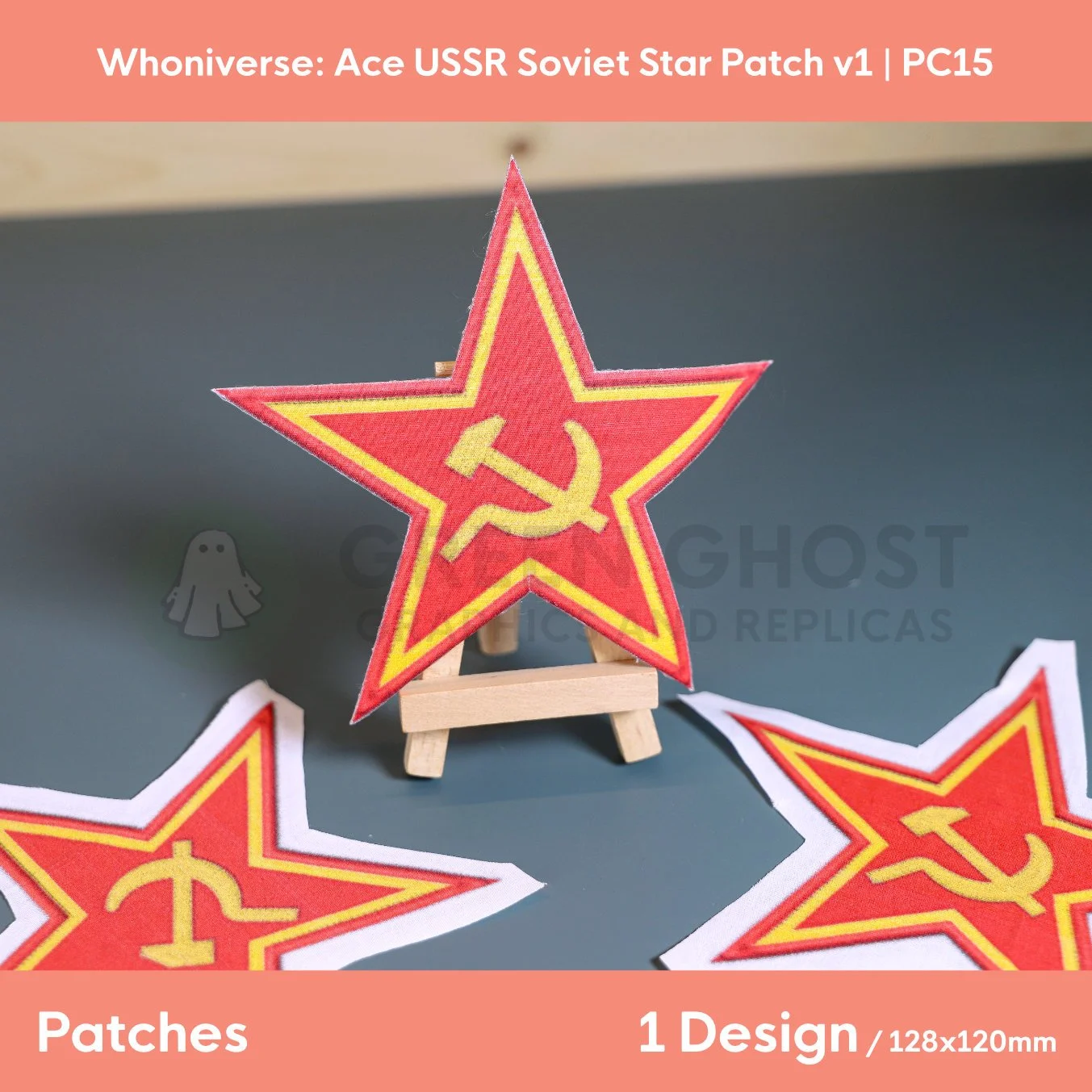 Close up of the finished USSR patch on a small easel on a aqua green background.