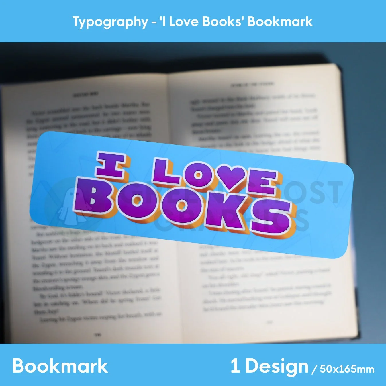 rectangular bookmark Blue background with pale book symbols across the background. custom purple text reading 'I Love Books', shown against a blurred book background.