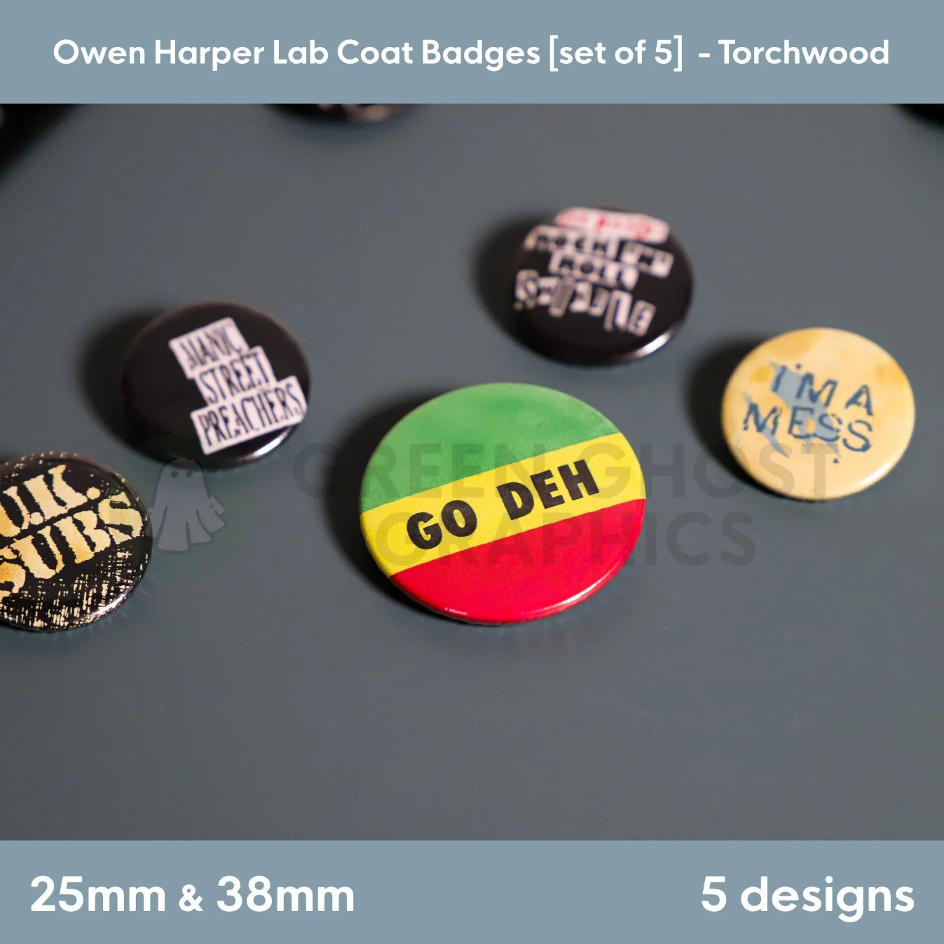A round badge with green, yellow, and red stripes and the text “GO DEH” displayed on a grey surface among four smaller music‑themed badges.