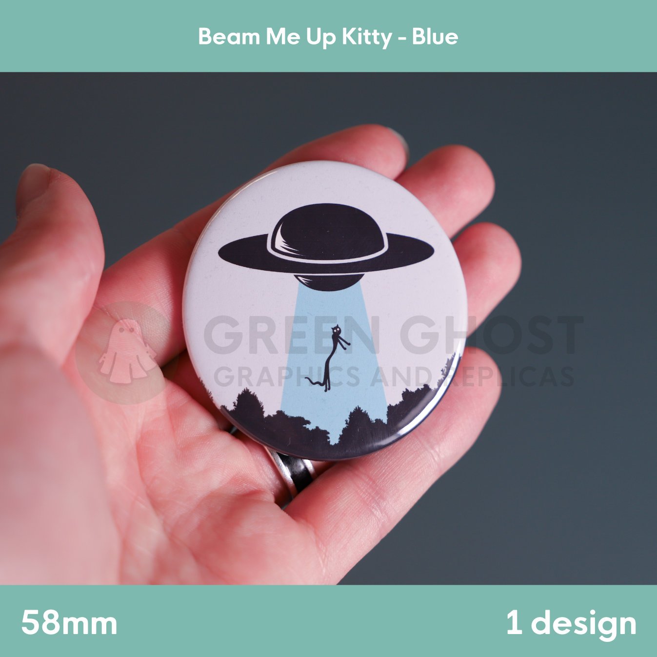A round badge with a blue UFO beam lifting a cat held in a hand against a grey background.
