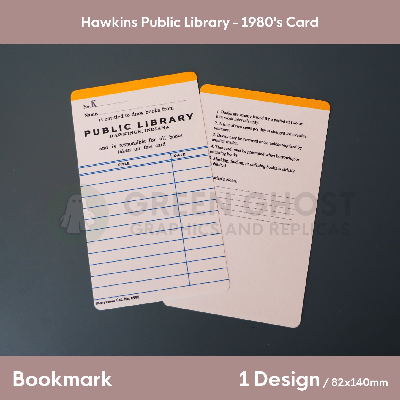 A two‑sided Hawkins Public Library bookmark showing a retro checkout card on one side and printed library rules on the other.