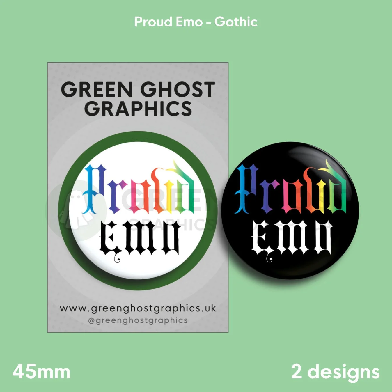 Two round badges, one white and one black, both showing “Proud Emo” text, arranged on a pale green background.