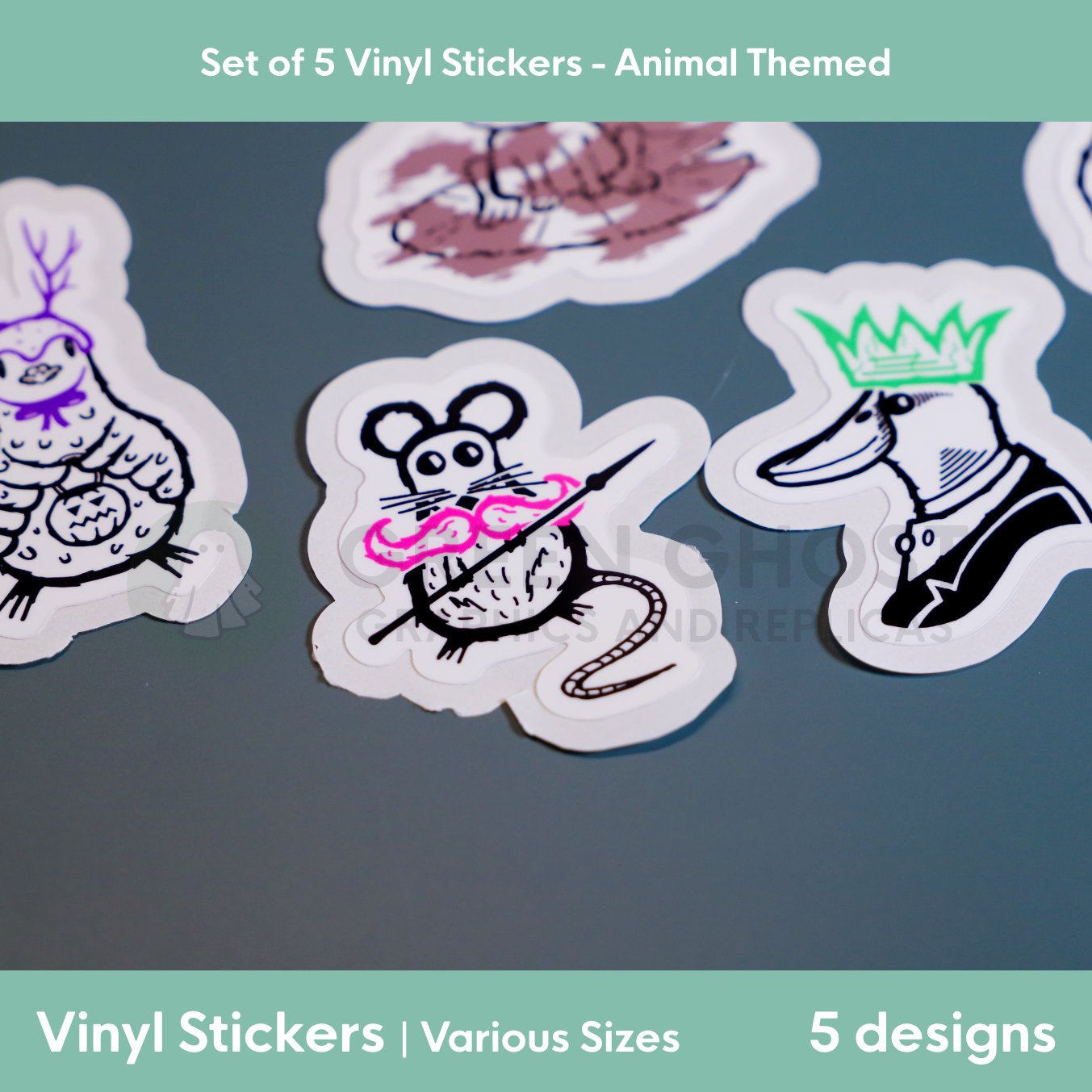 Close up of Sir Mousetache with its pink moustache and spear in hand. surrounded by the other designs.