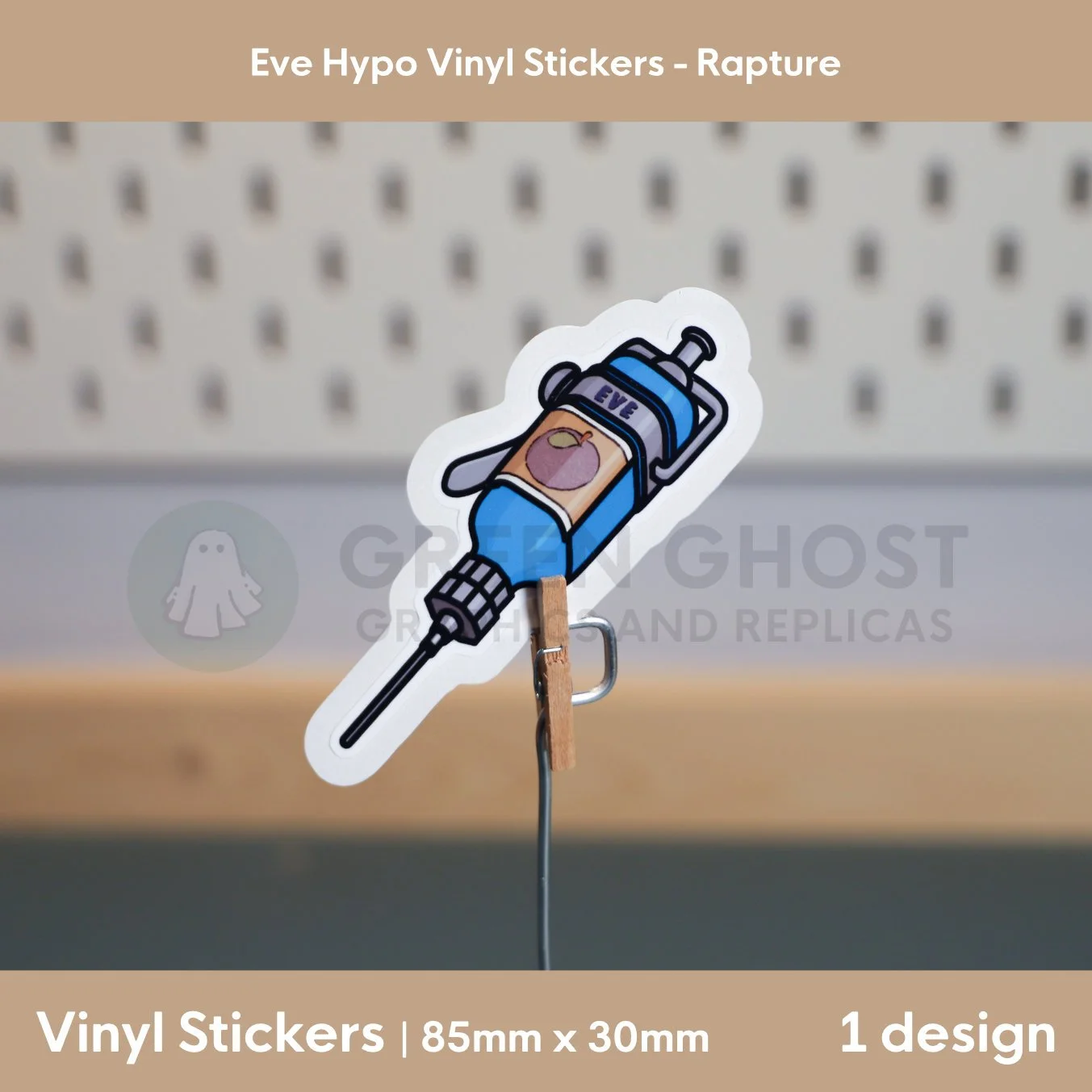 Inspired by the Eve hypo in the game Bioshock. blue syringe with apple label on a blurred peg board background.
