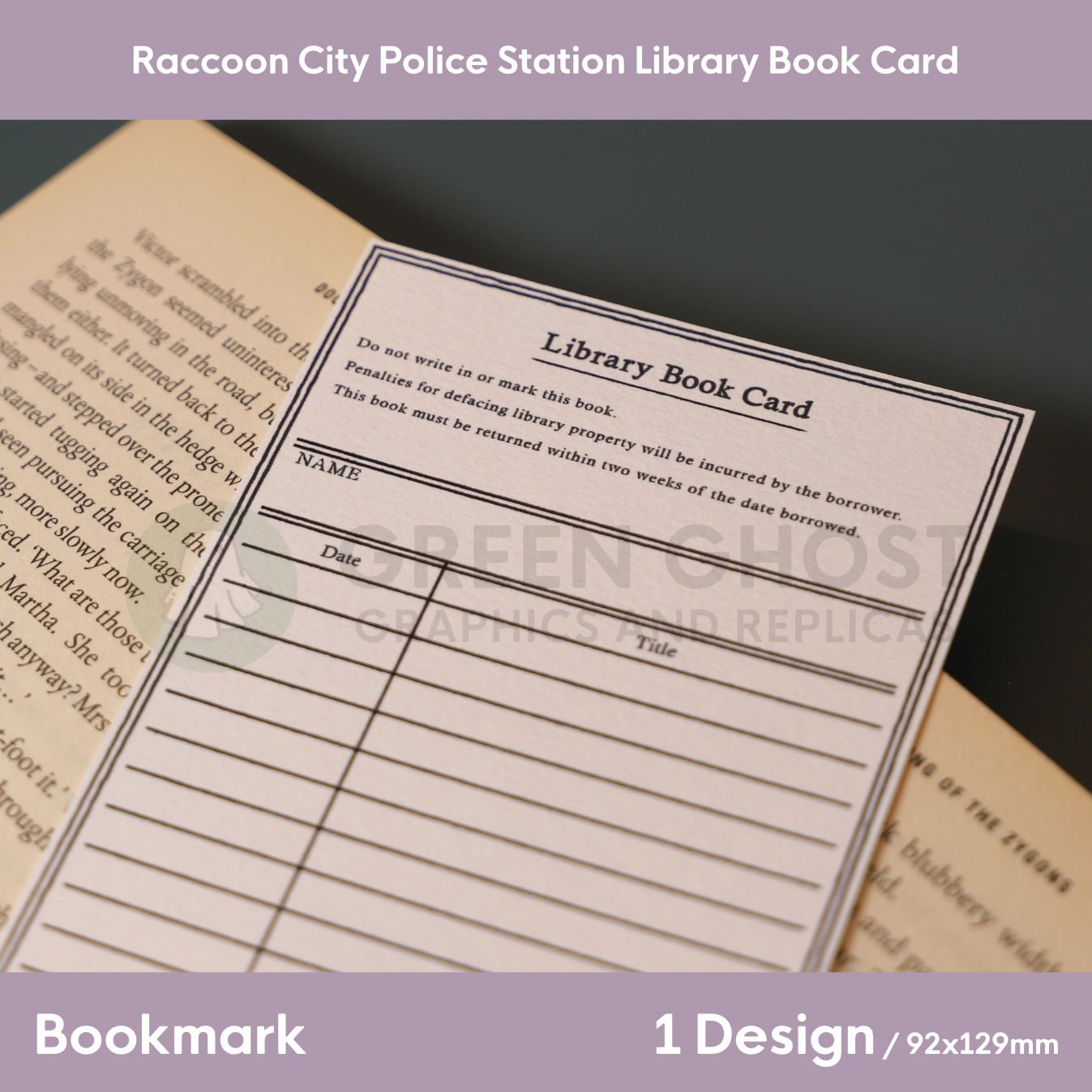 A Raccoon City Police Station library‑style book card placed inside an open book, featuring blank spaces for borrower name, date, and title.