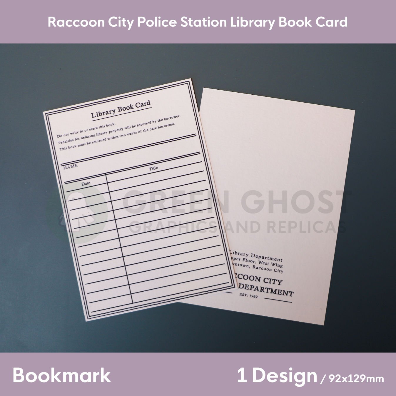 A replica Raccoon City Police Station library book card used as a bookmark inside an open book, showing blank checkout lines and vintage styling.