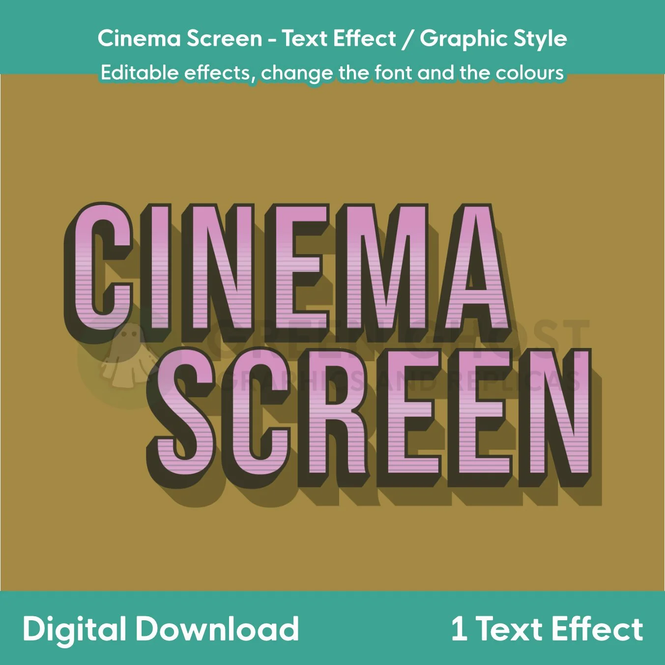 A pink “CINEMA SCREEN” text graphic with a black drop shadow displayed on a mustard‑yellow background.