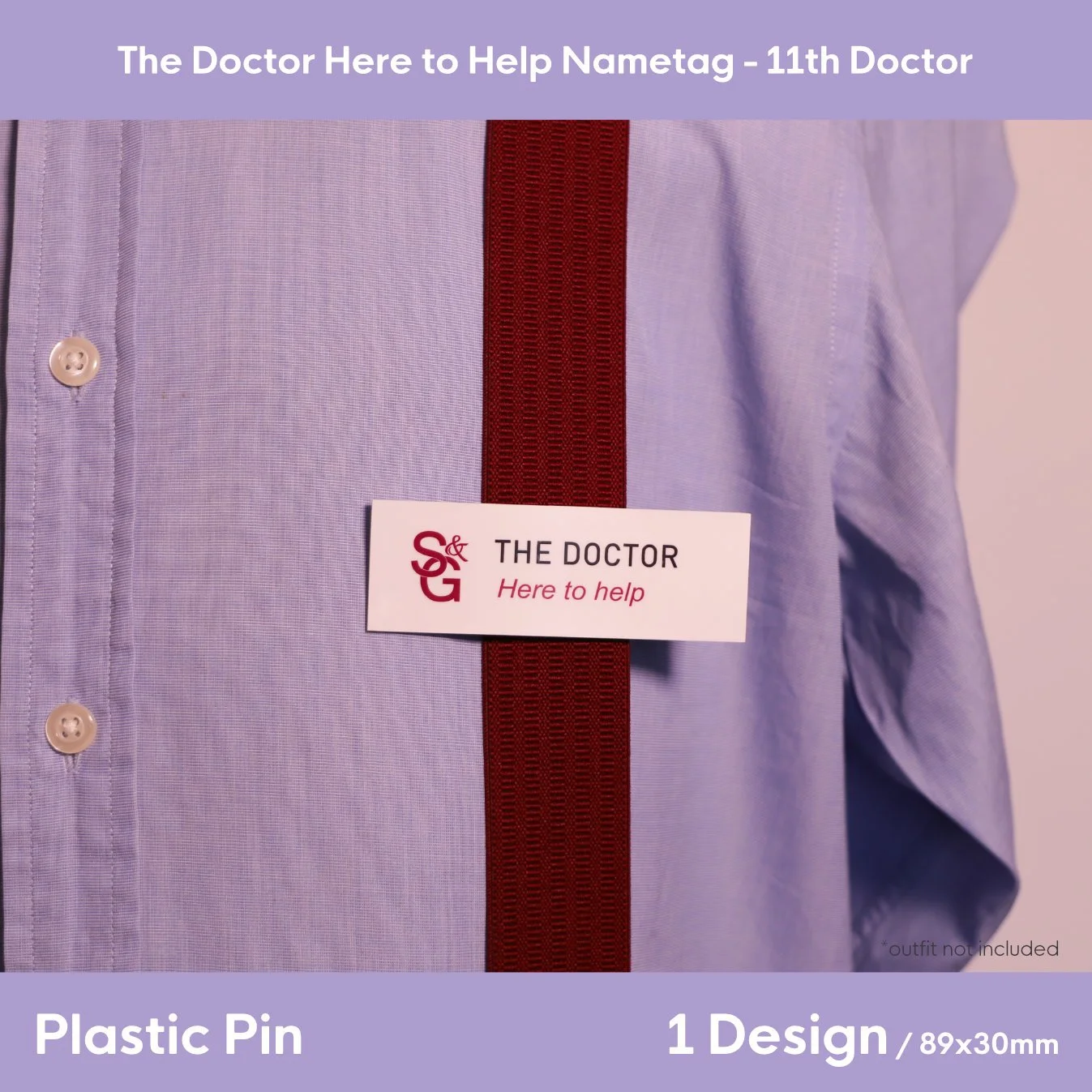 Whovian: the Doctor, Here to Help Nametag Plastic Pin | 88mm x 30mm