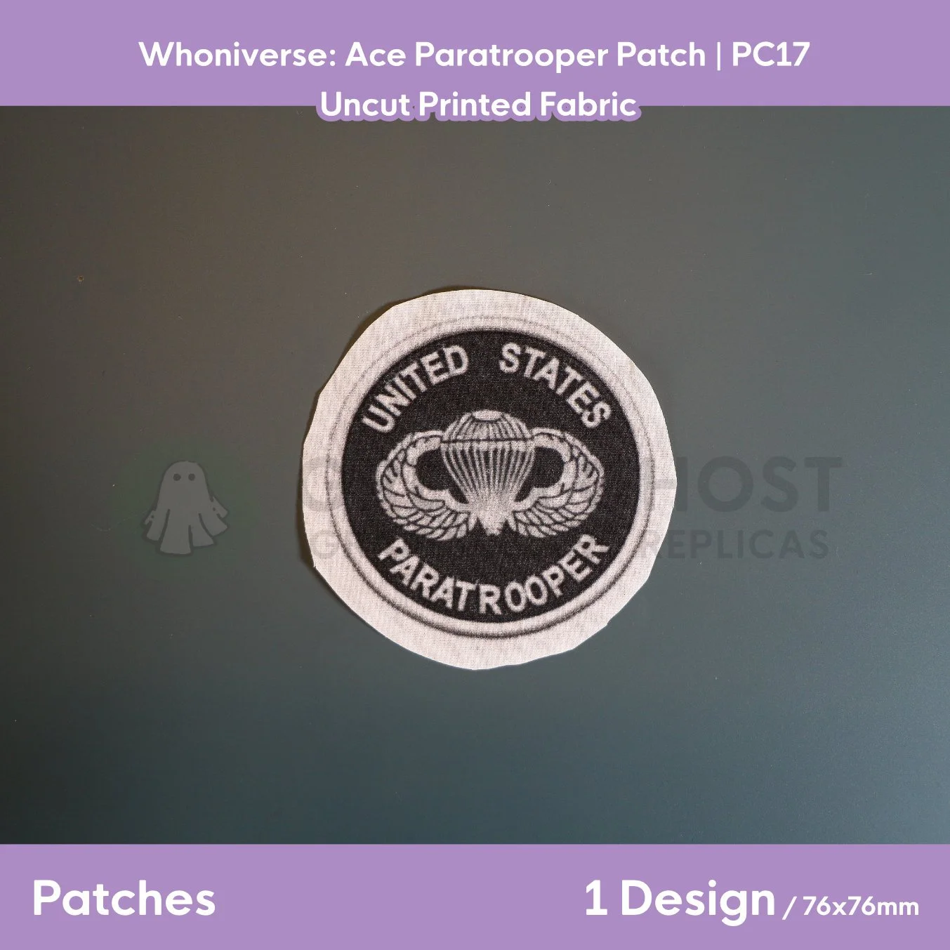 Finished version of the Paratrooper patch laid flat on a table showing the design and a 5-10mm fabric bleed.