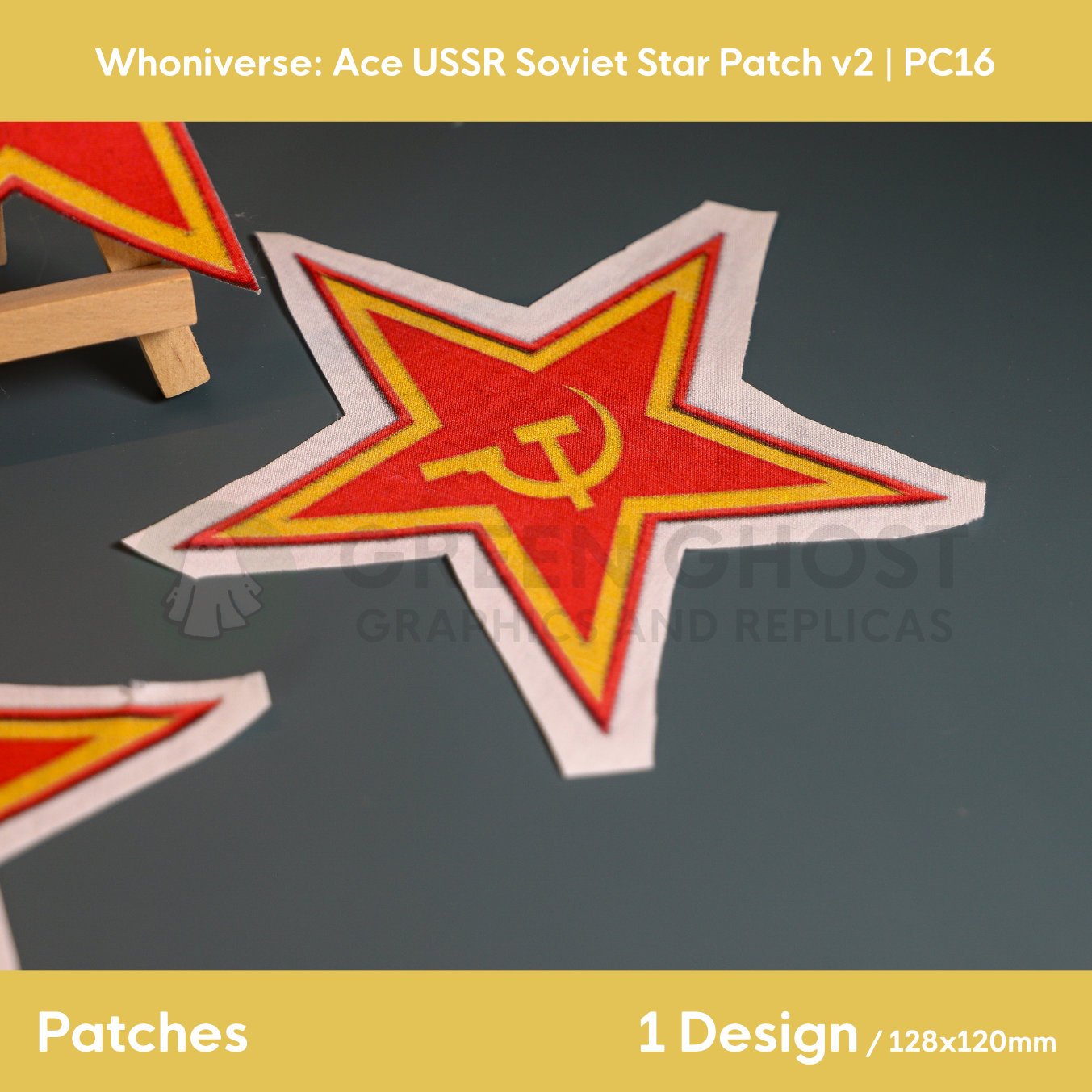 Close up of the uncut unfinished version of the Soviet Star patch design, on a plain aqua green background.