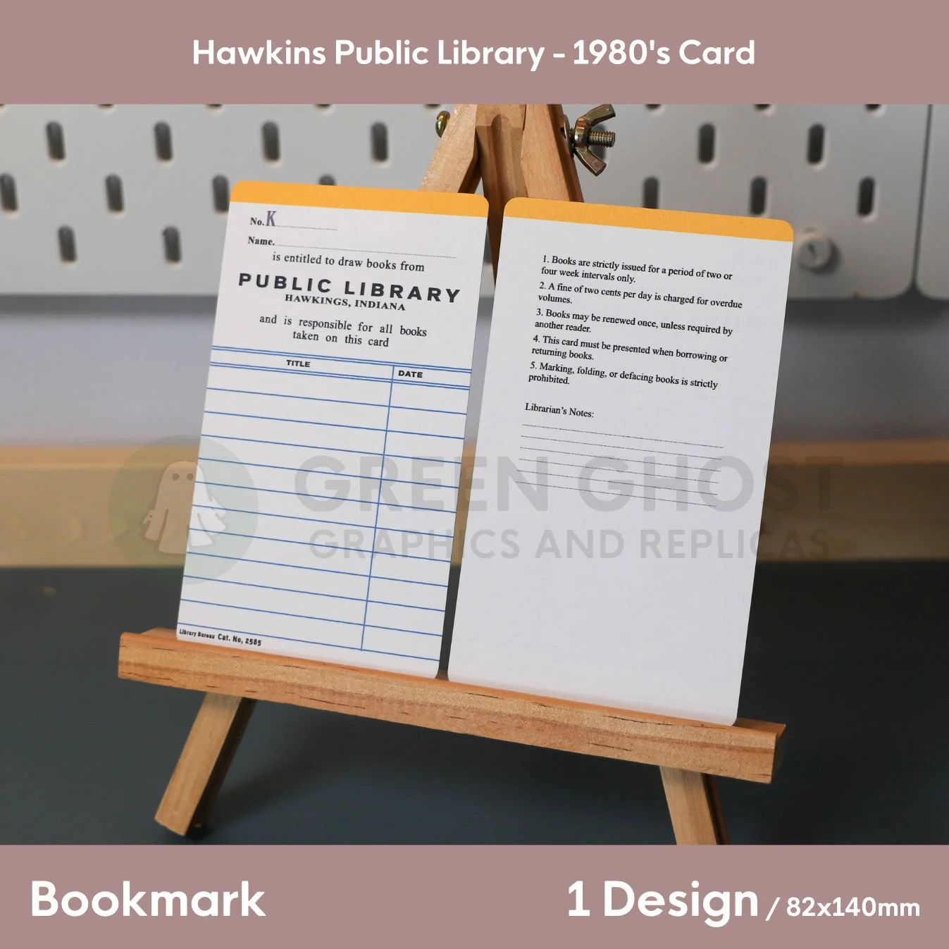 A two‑sided Hawkins Public Library card on a wooden easel, showing a retro checkout table on one side and library rules with a notes section on the reverse.