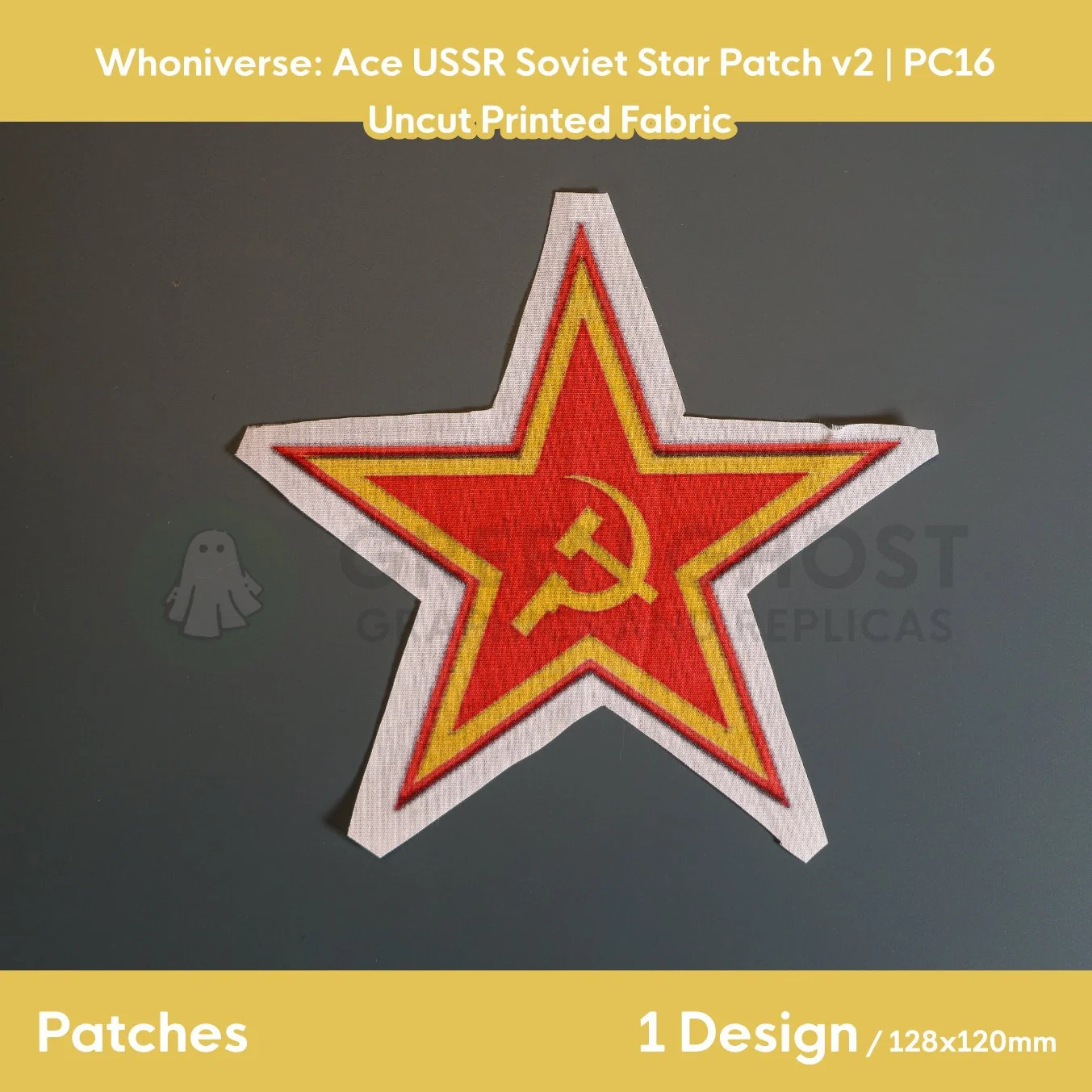 Finished version of the USSR patch laid flat on a table showing the design and a 5-10mm fabric bleed.