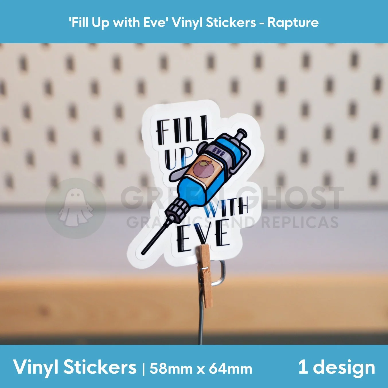 Blue syringe with black Art Deco text on a blurred peg board background.