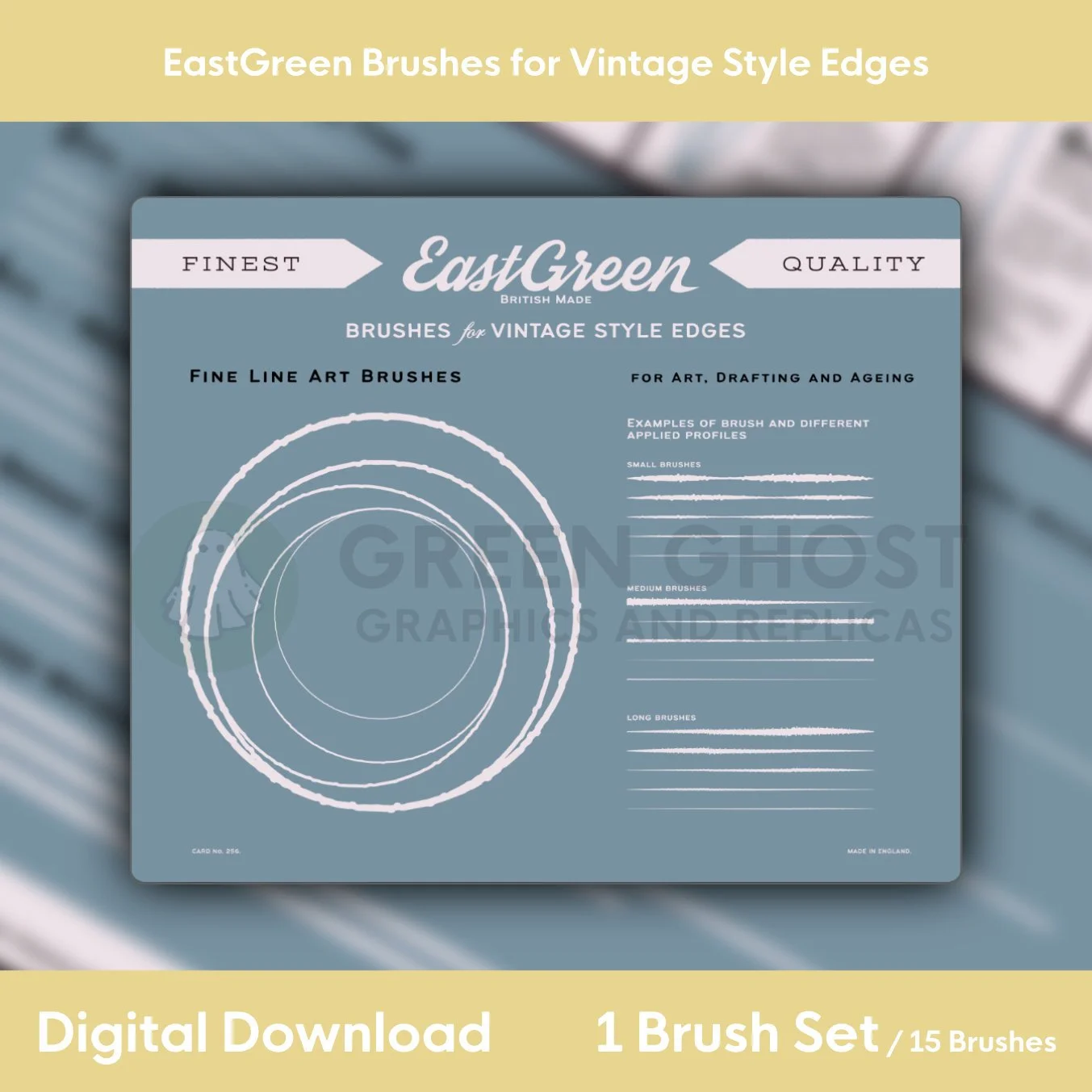 Preview sheet showing all 15 EastGreen vintage‑style edge brushes in use.