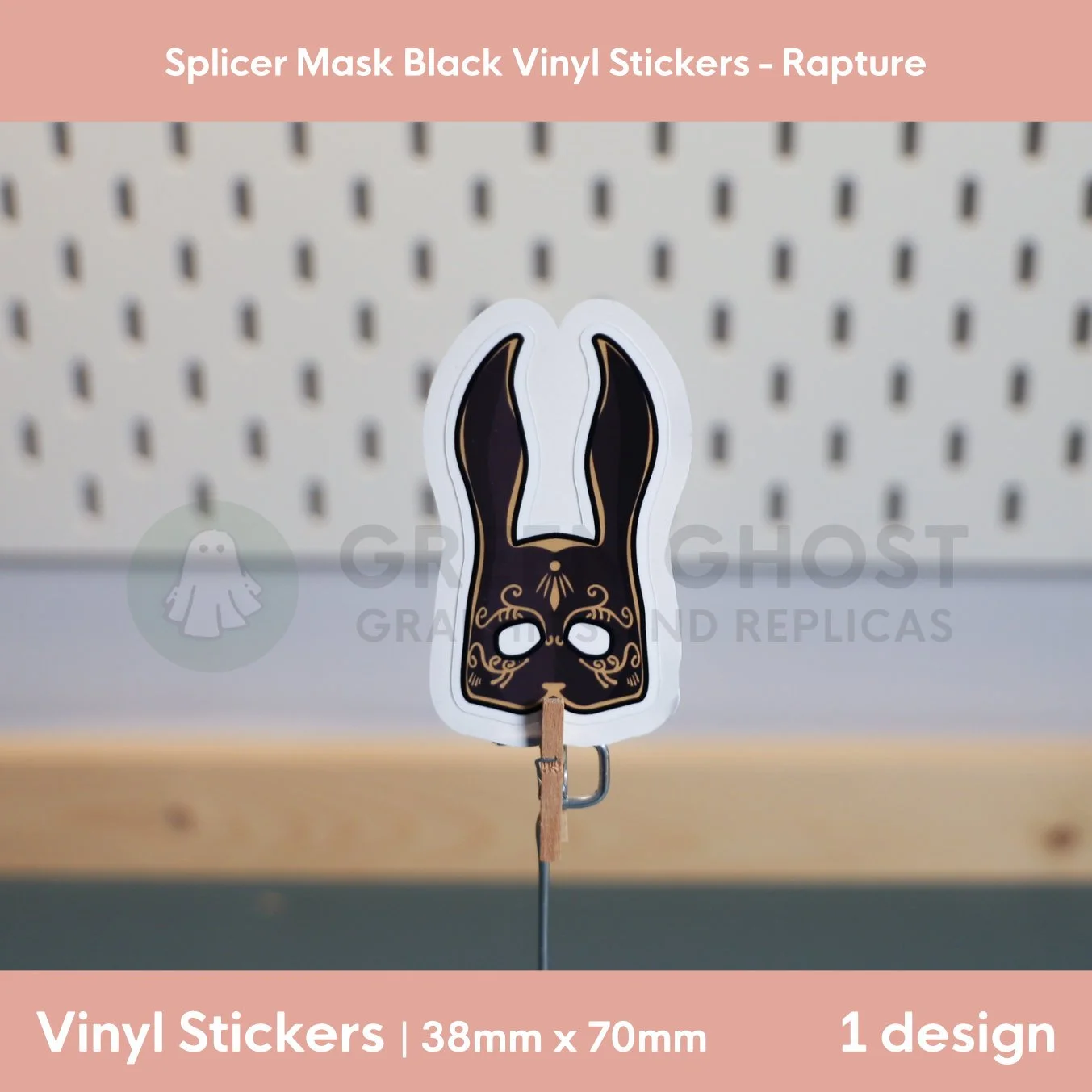 Inspired by the Splicers in the game Bioshock. Black bunny mask on a blurred peg board background.