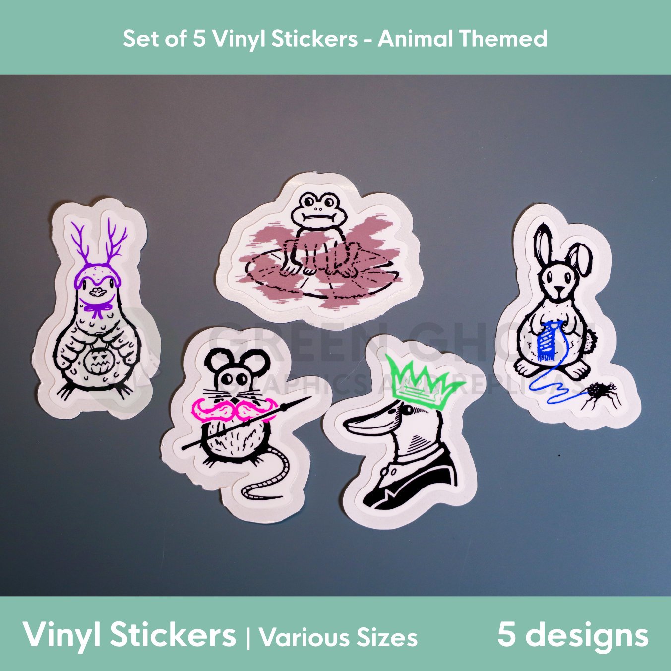 Set of 5 vinyl stickers all with an animal theme. Bunny Weaver, Pigeoween, Murky Frog, Lord Quackhat and Sir Mousetache. Shown on a aqua green background.