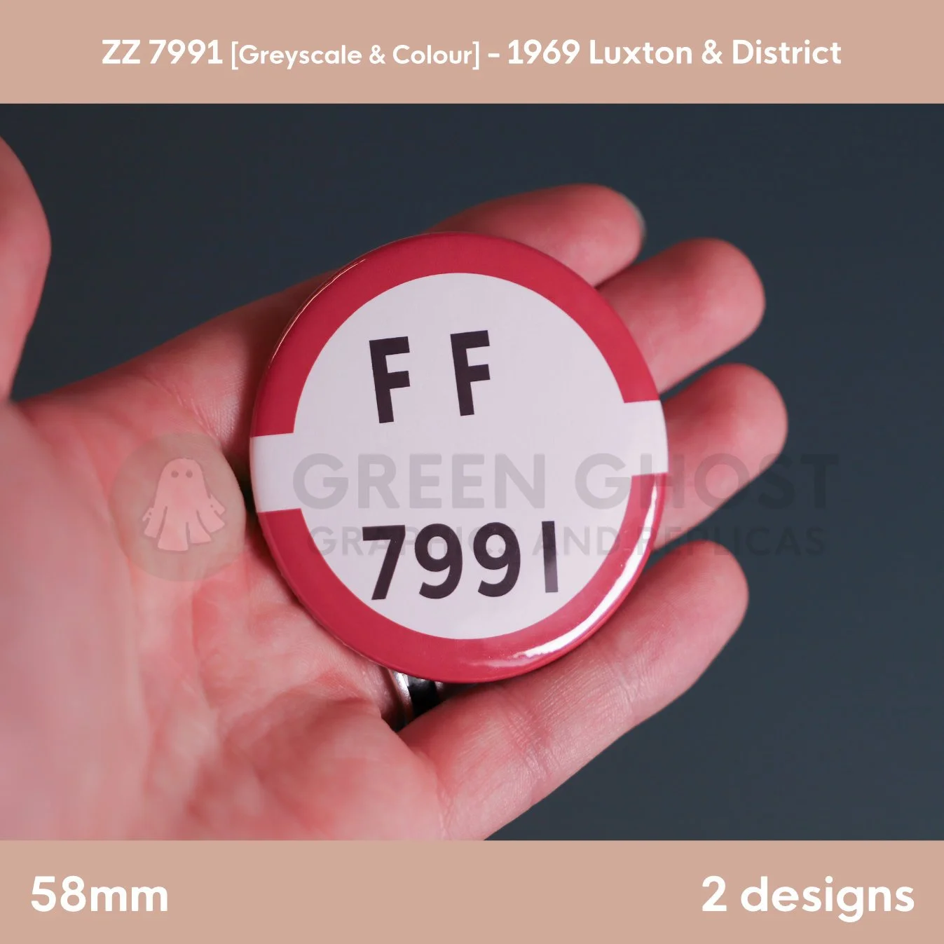 A round white badge with a red border and bold “FF 7991” text held in a hand against a dark grey background.