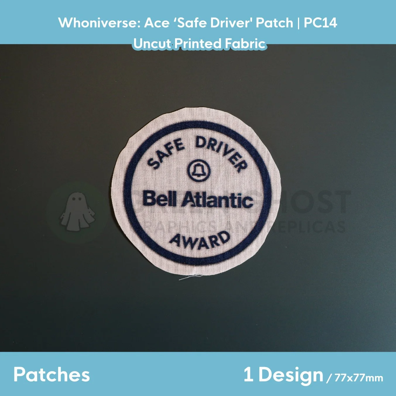 Finished version of the bell Atlantic patch laid flat on a table showing the design and a 5-10mm fabric bleed.