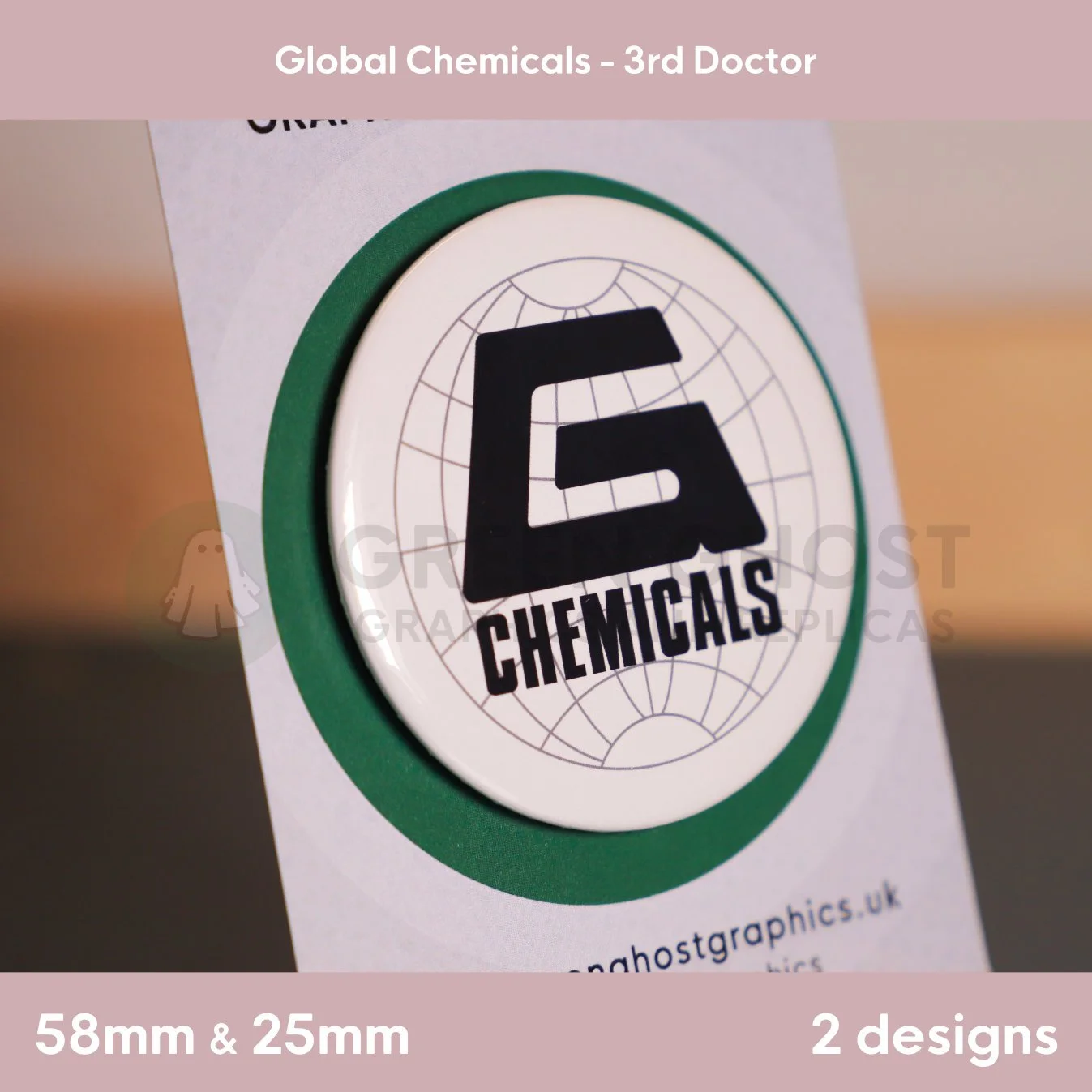 A round white badge with bold “G CHEMICALS” text shown on a branded backing card.