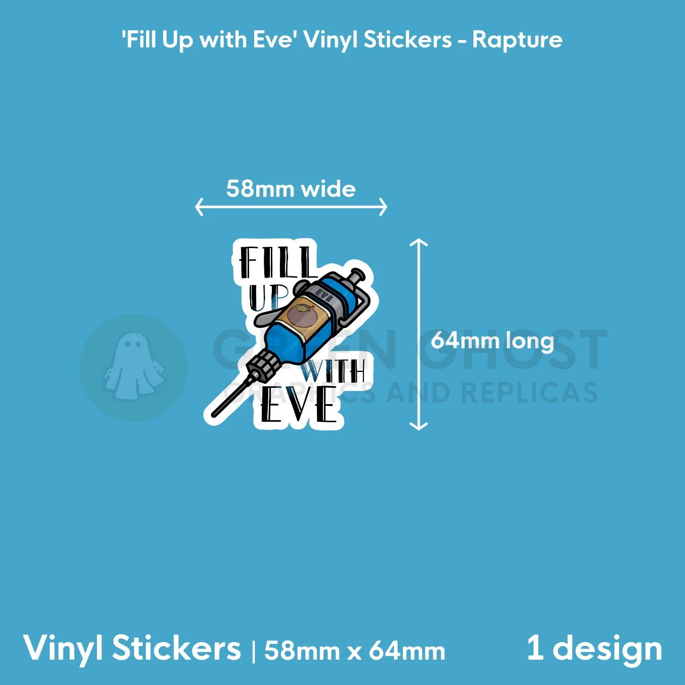 Sticker on a aqua blue background showing the dimensions, 58mm x 64mm.