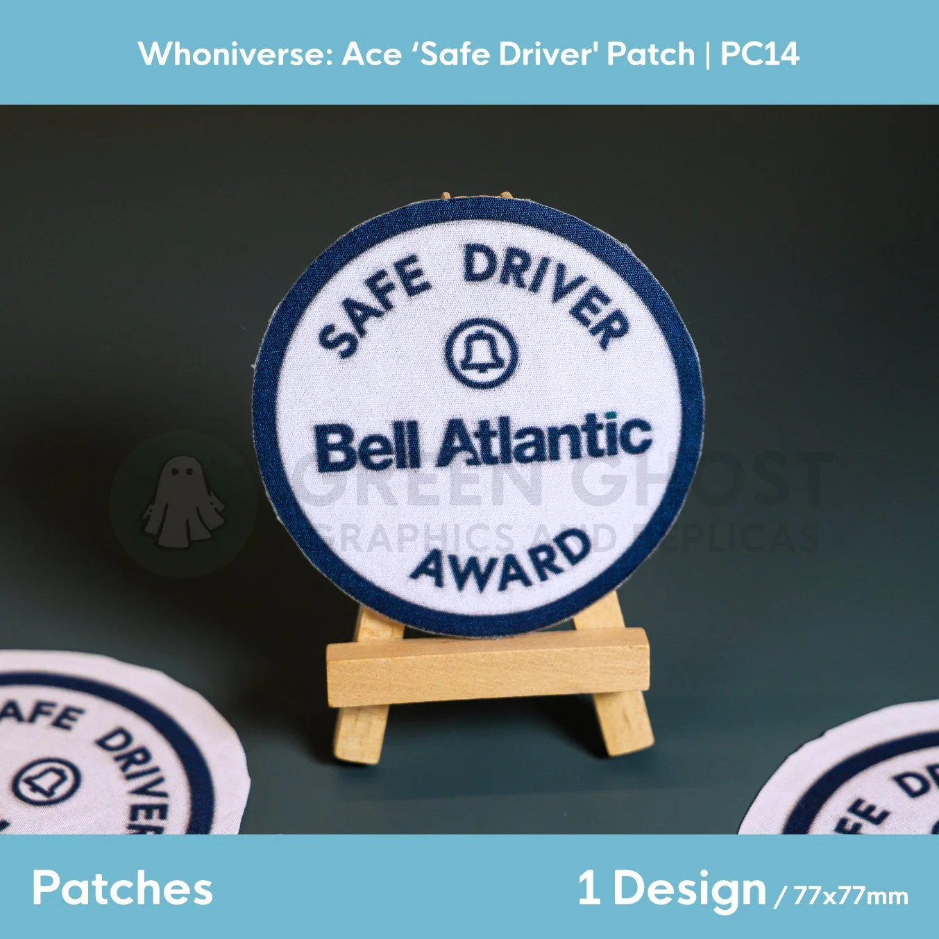 Close up of the finished bell Atlantic patch on a small easel on a aqua green background.