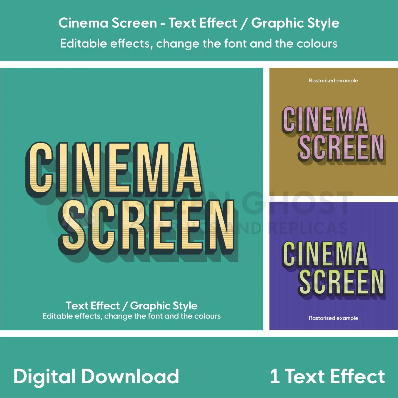 A large cream “CINEMA SCREEN” title with a 3D shadow presented alongside two smaller colour‑variant examples.