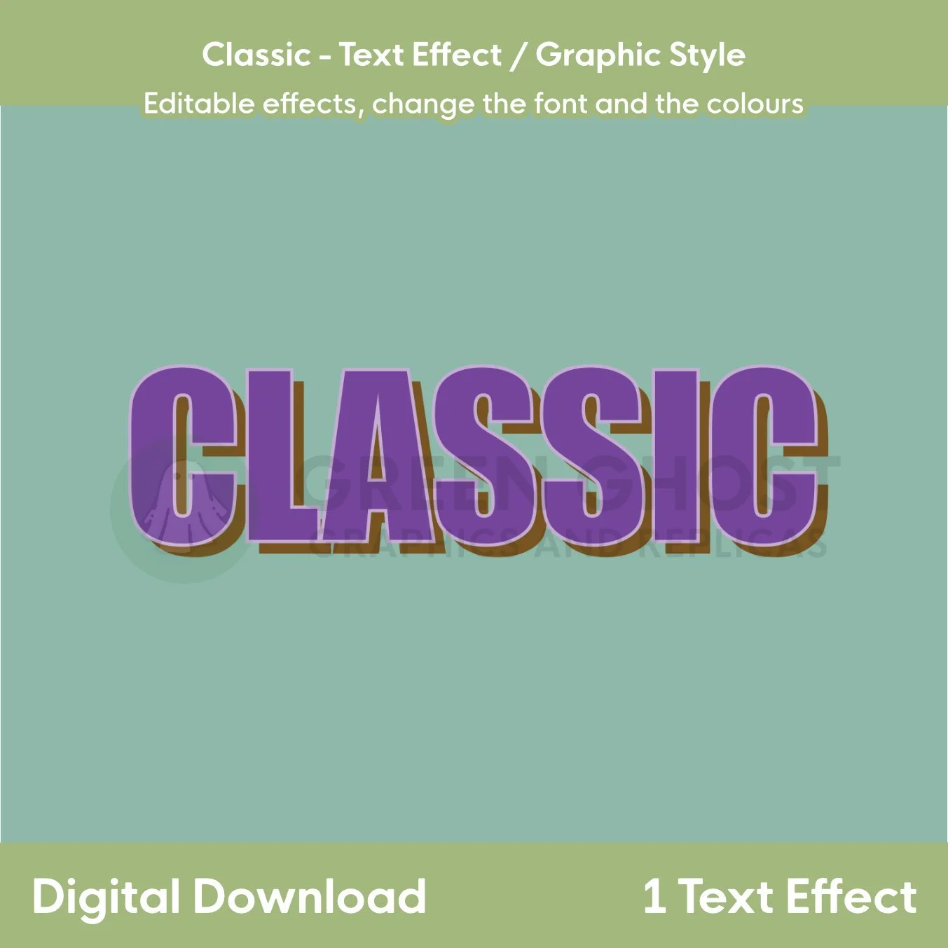 A purple “CLASSIC” text graphic with a brown outline and shadow displayed on a teal background.