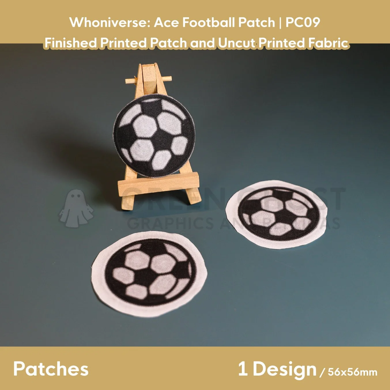 Printed patch design, finished with interfacing and glued edges. round classic football, with black and white detailing and black border.