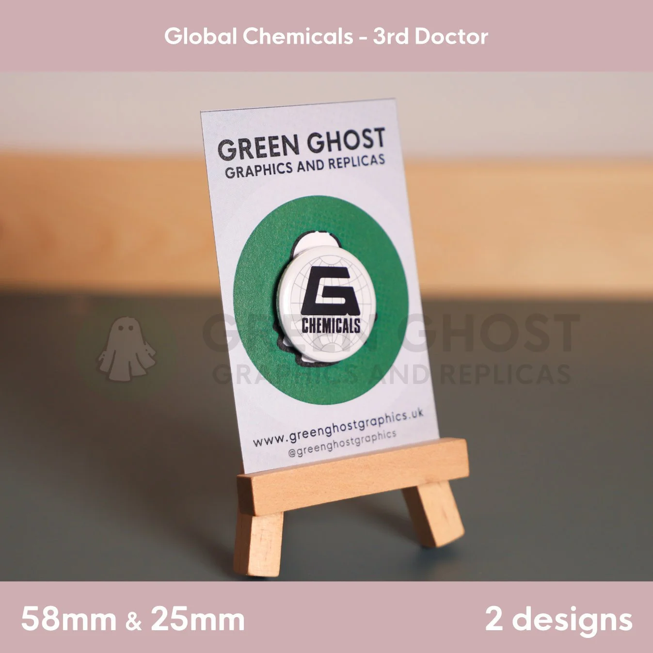 A round badge with a stylised “G CHEMICALS” logo displayed on a branded card on an easel.