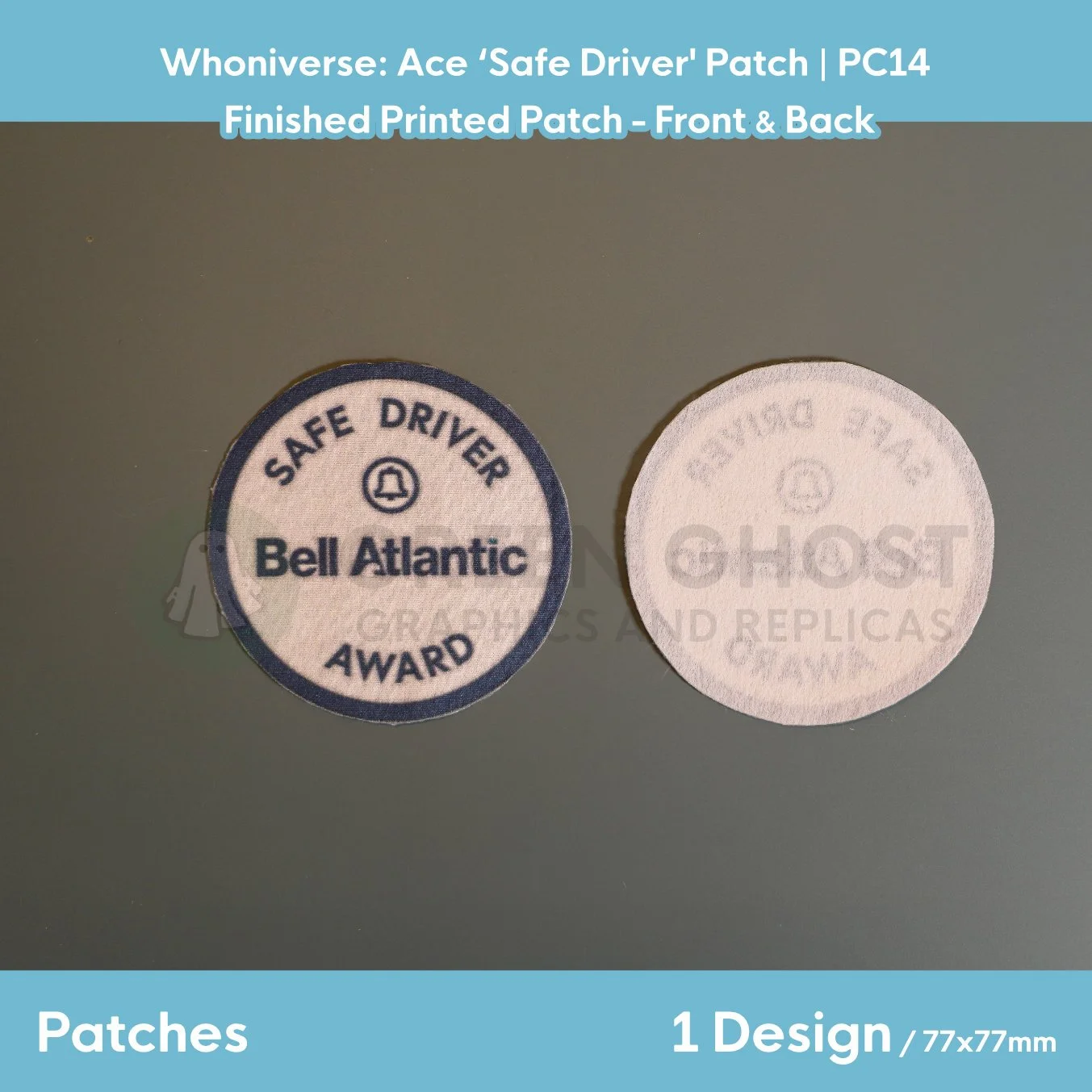 Finished version of the bell Atlantic patch laid flat on a table showing the front design and the interfaced backing.