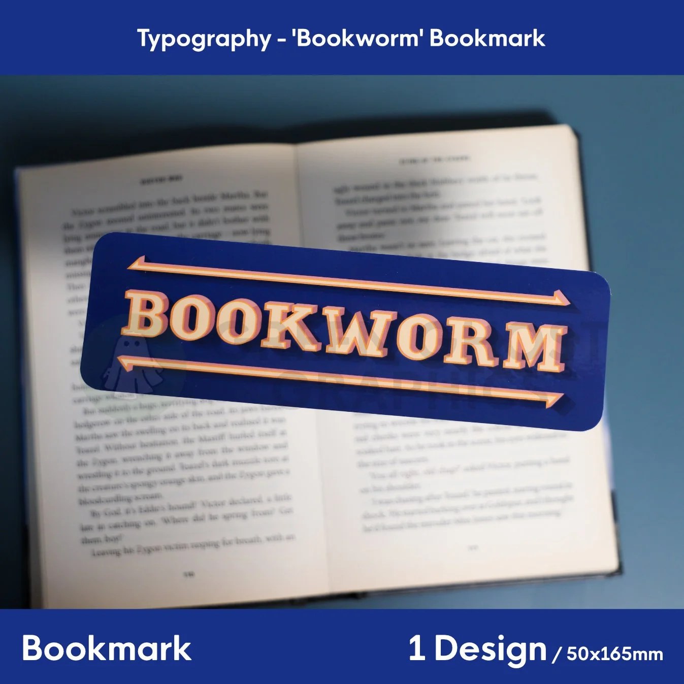 rectangular bookmark with rounded edges. Dark blue background with custom circus style typeface reading 'bookworm', shown against a blurred book background.