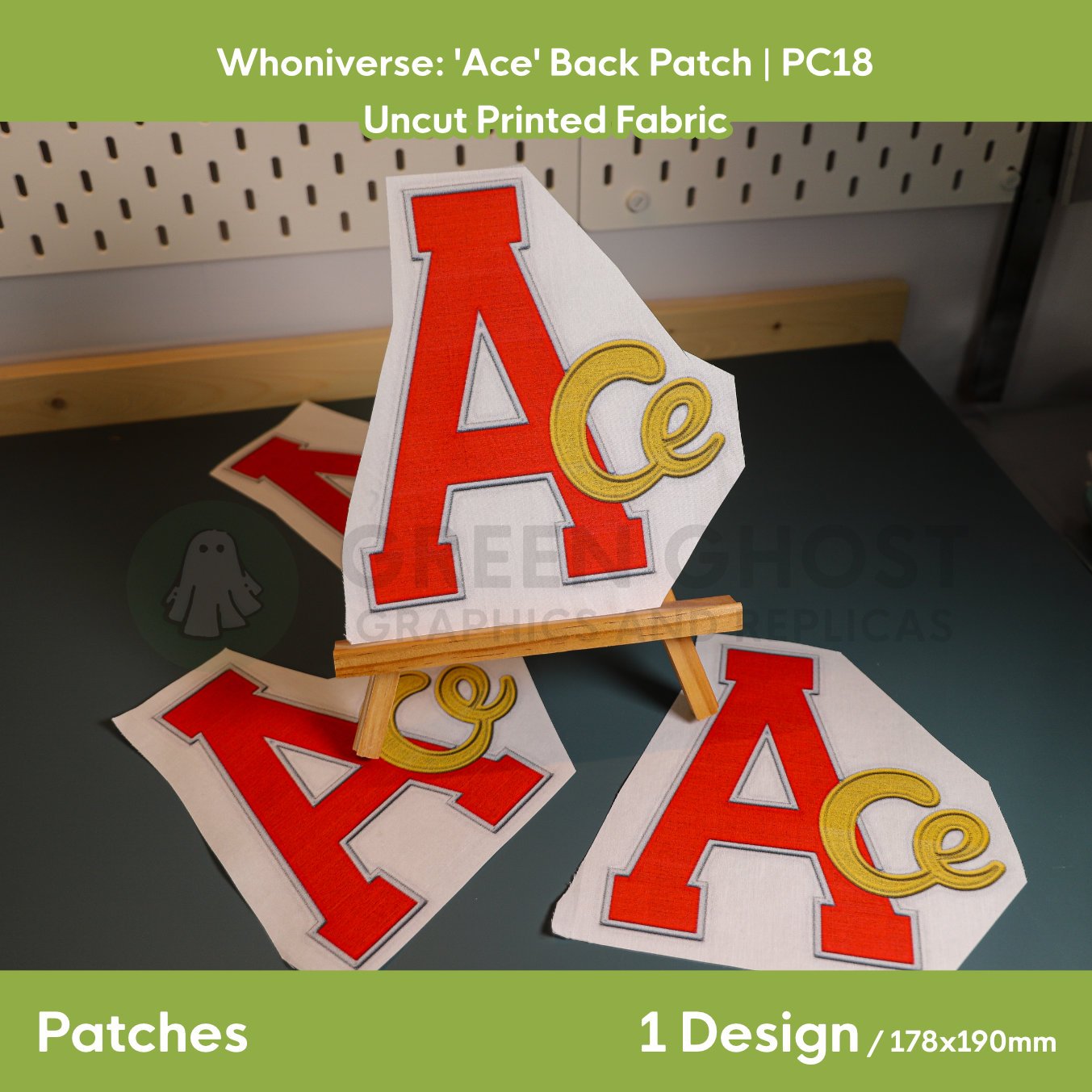 Printed patch design, uncut unfinished with interfacing to the back. Ace back patch design in red, white and yellow.