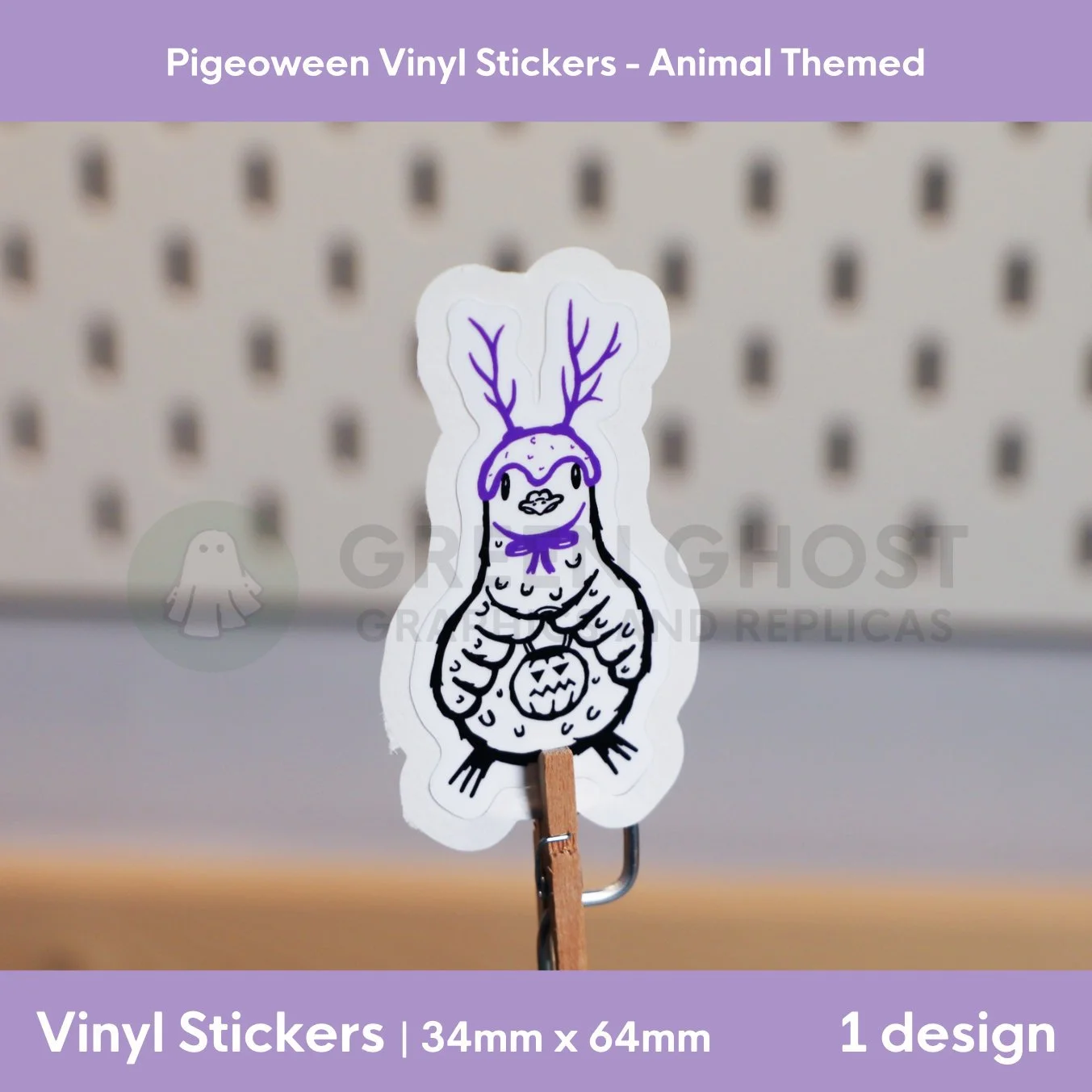 Rough lino printed style sticker of a pigeon with a purple cosplay hat on a blurred peg board background.