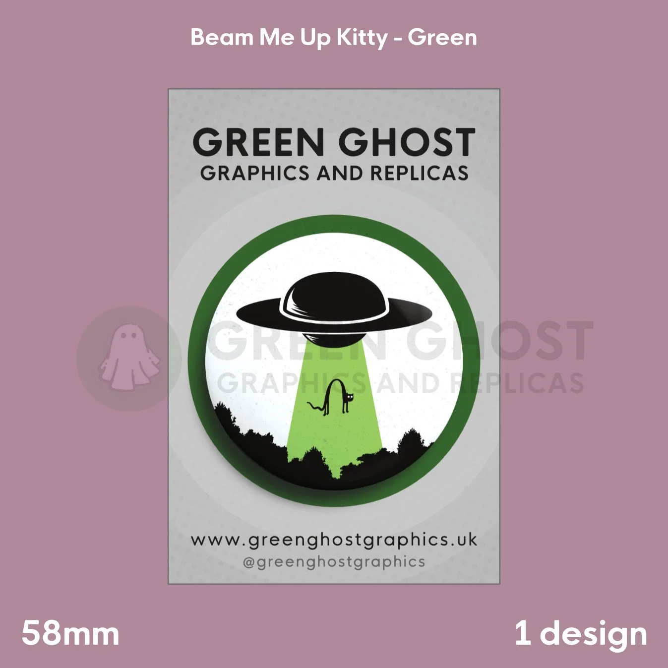 A round badge with a green UFO beam lifting a cat displayed on a branded backing card with a purple background.