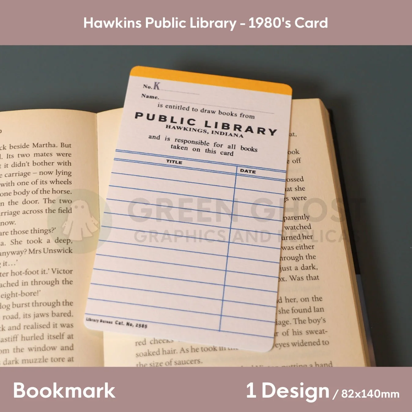 A 1980s Hawkins Public Library card used as a bookmark inside an open book, featuring blank title and date fields.