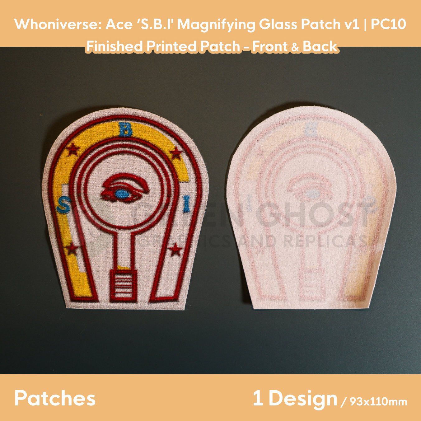 Finished version of the SBI patch laid flat on a table showing the front design and the interfaced backing.