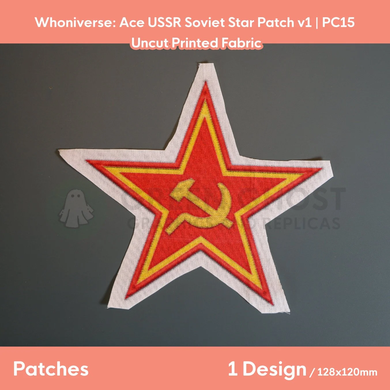 Finished version of the Soviet Star patch laid flat on a table showing the design and a 5-10mm fabric bleed.