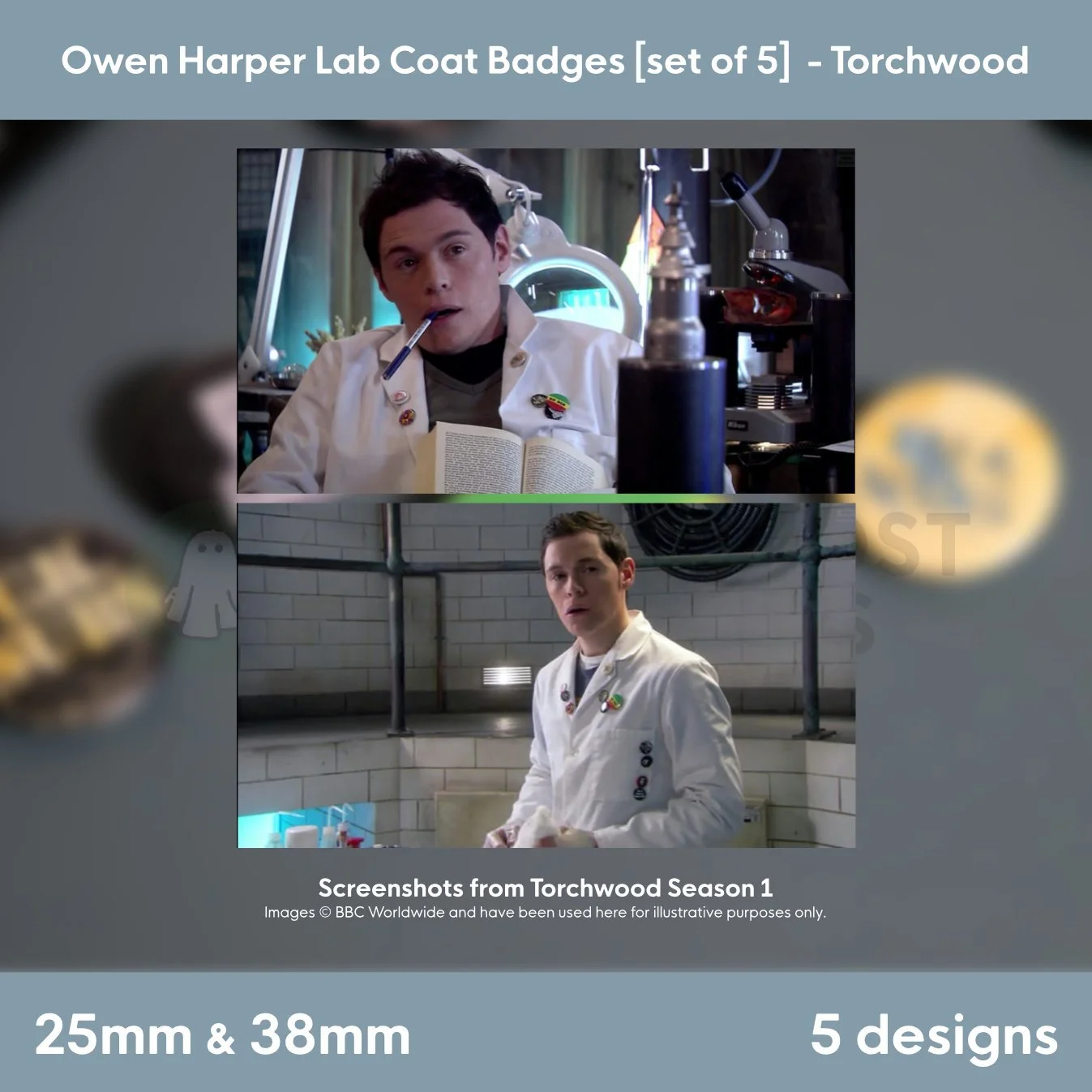 A collage of two Torchwood screenshots showing a white lab coat decorated with multiple round badges, displayed beneath the title “Owen Harper Lab Coat Badges [set of 5]”.