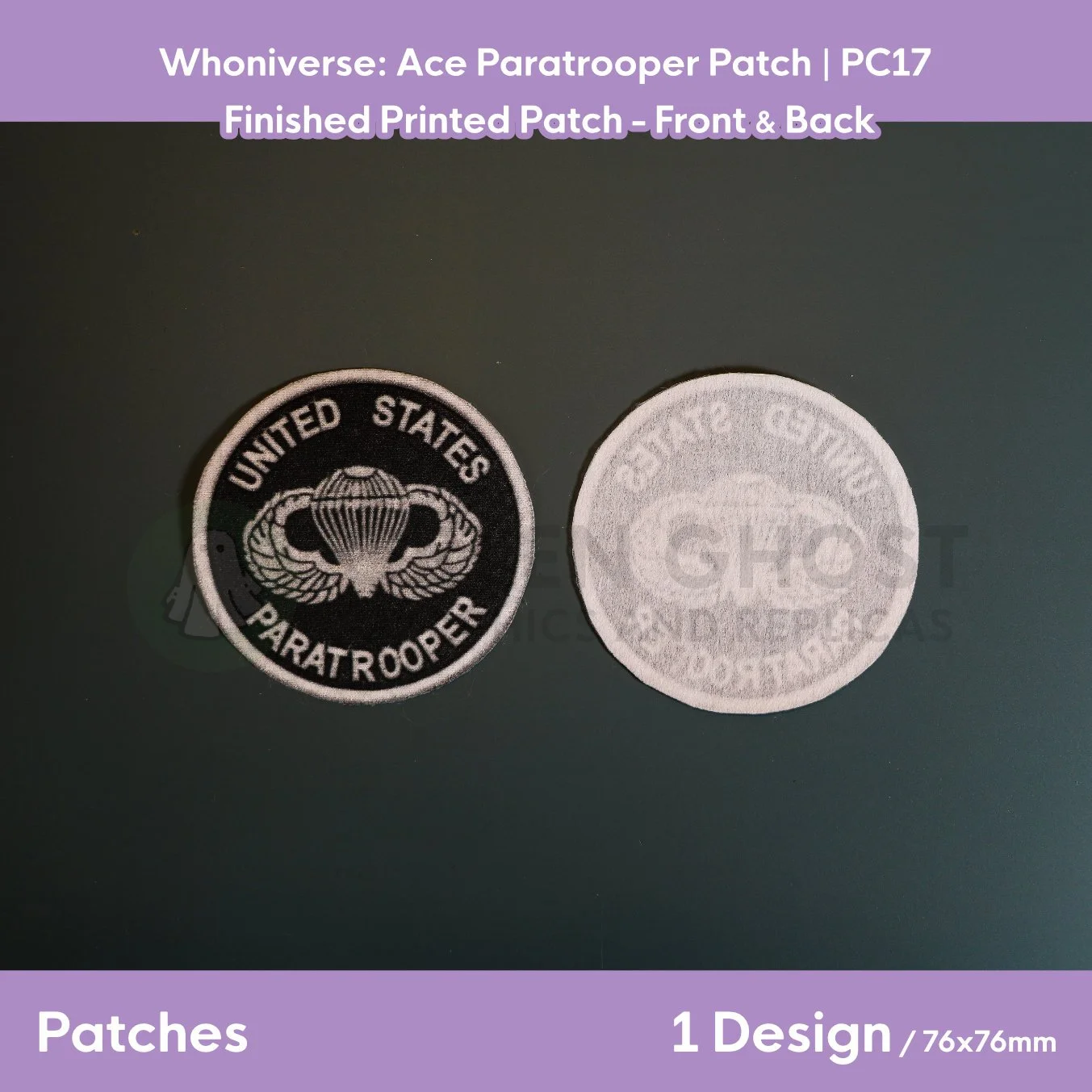 Finished version of the Paratrooper patch laid flat on a table showing the front design and the interfaced backing.