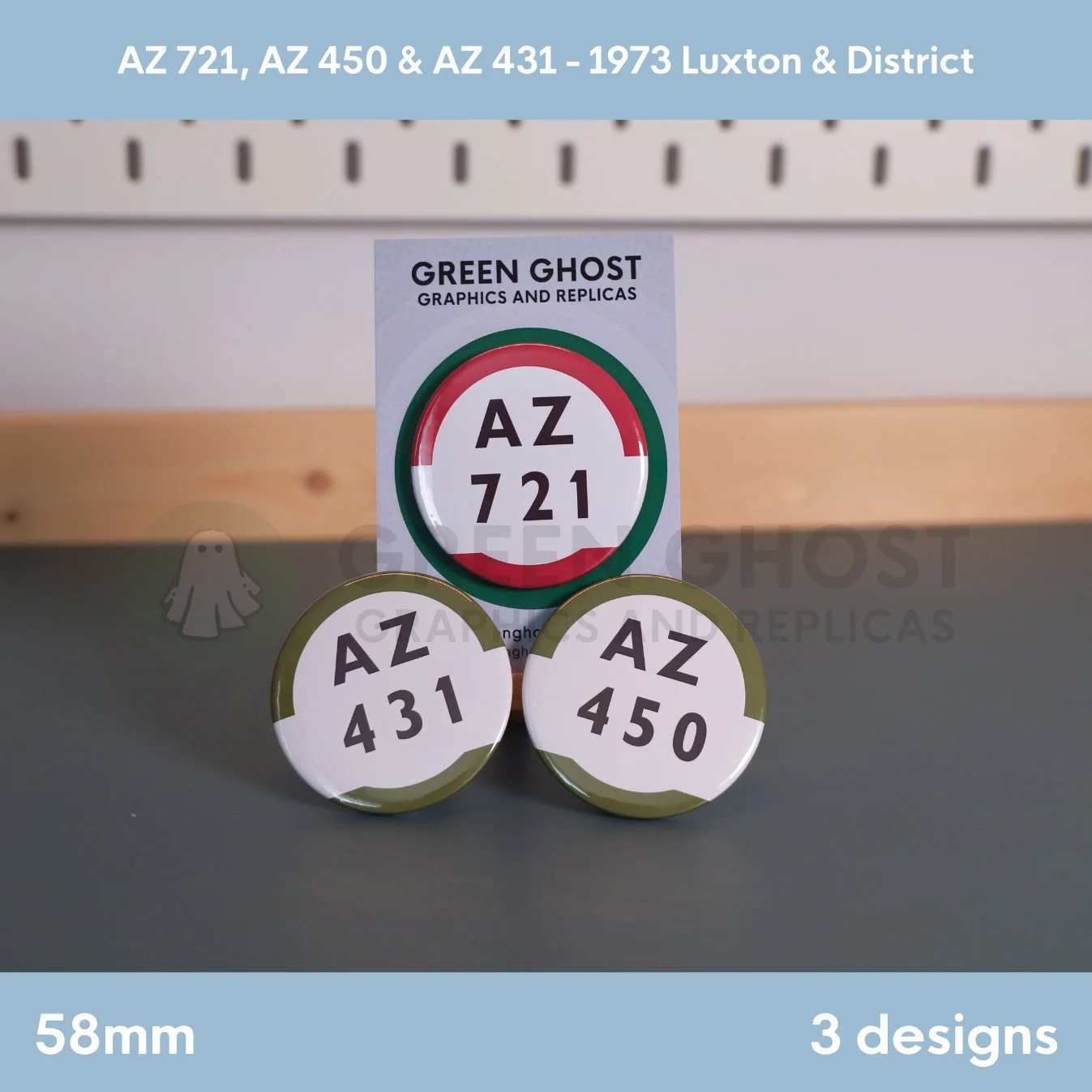 Three round badges showing “AZ 721,” “AZ 450,” and “AZ 431” in black text displayed together with coloured borders.