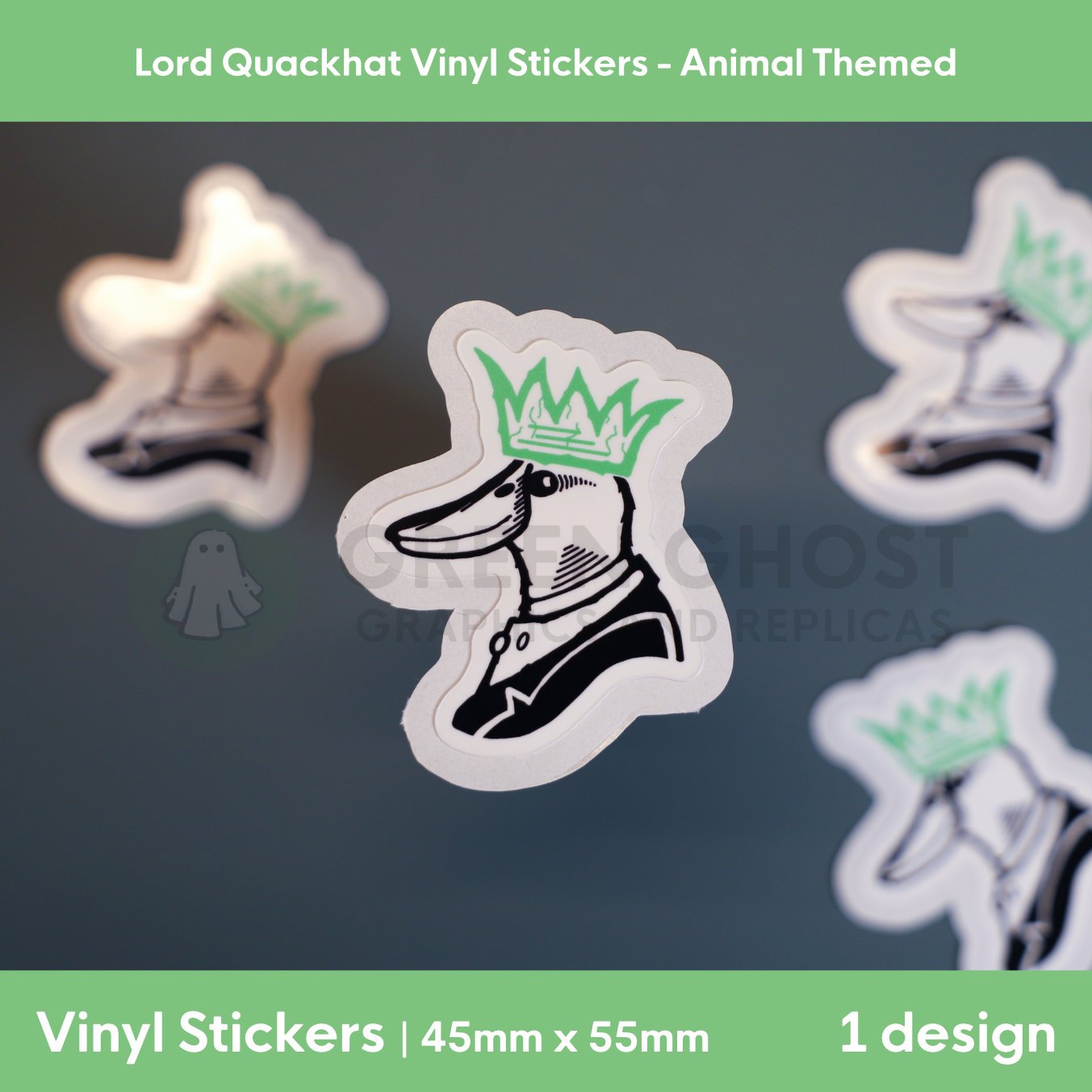 Vinyl sticker with a drawing of a black outlined and detailed mallard duck with a green christmas hat, named Lord Quackhat.