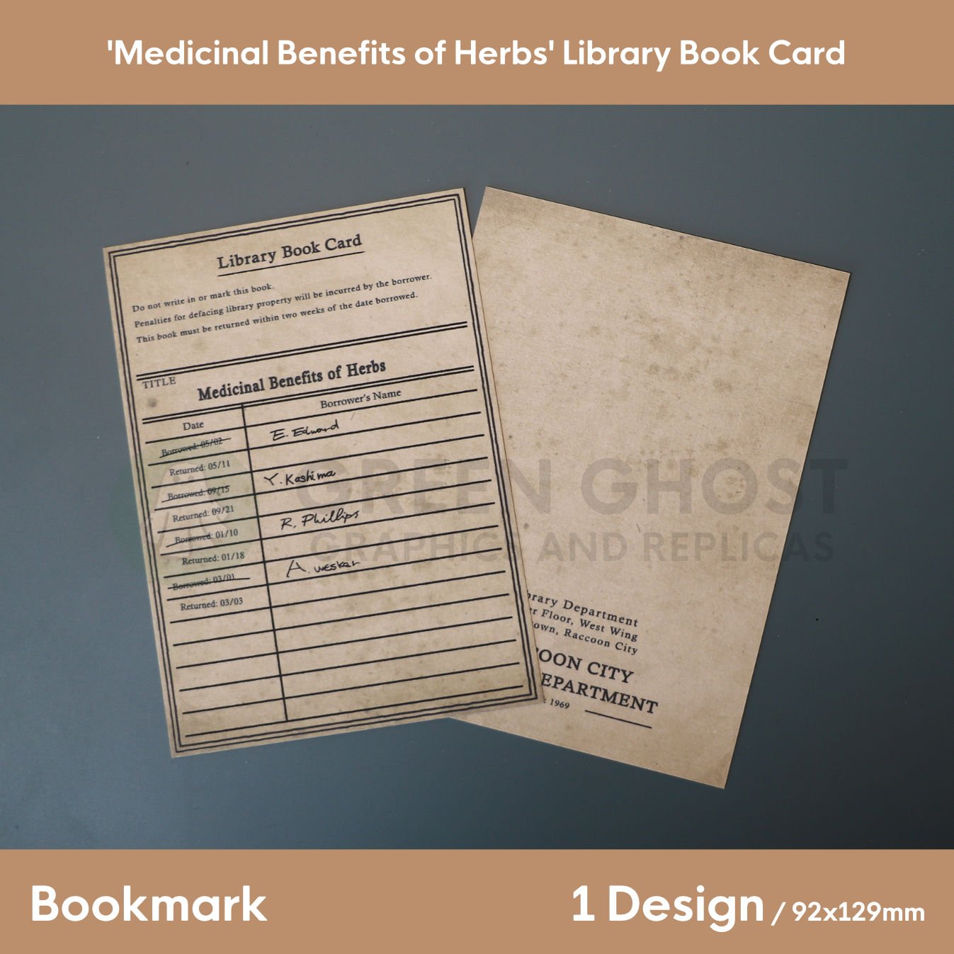 A library book card titled ‘Medicinal Benefits of Herbs,’ designed as a bookmark with handwritten borrower entries and vintage styling.