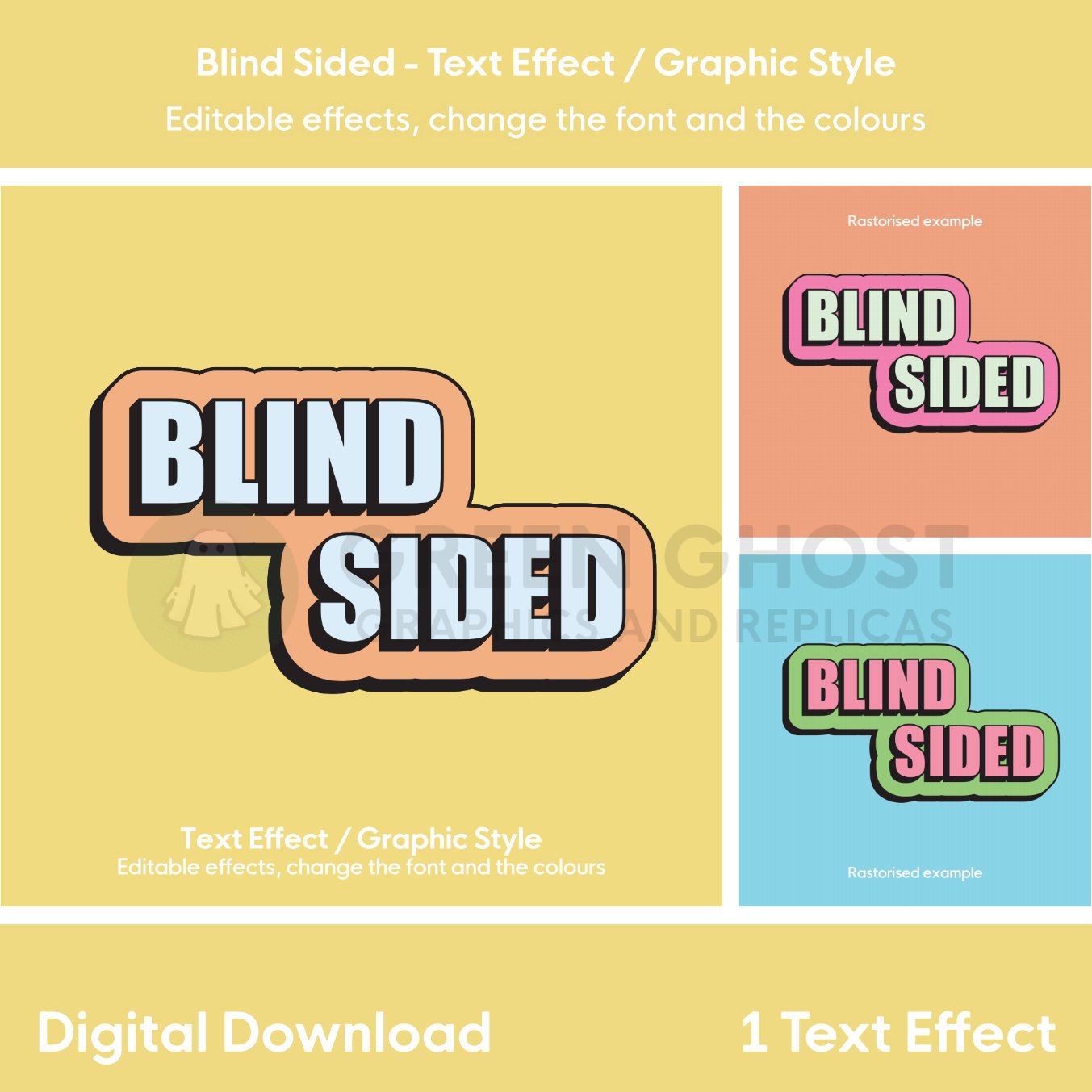 A layered “BLIND SIDED” text design in blue with peach and black outlines presented alongside two colour‑variant examples.