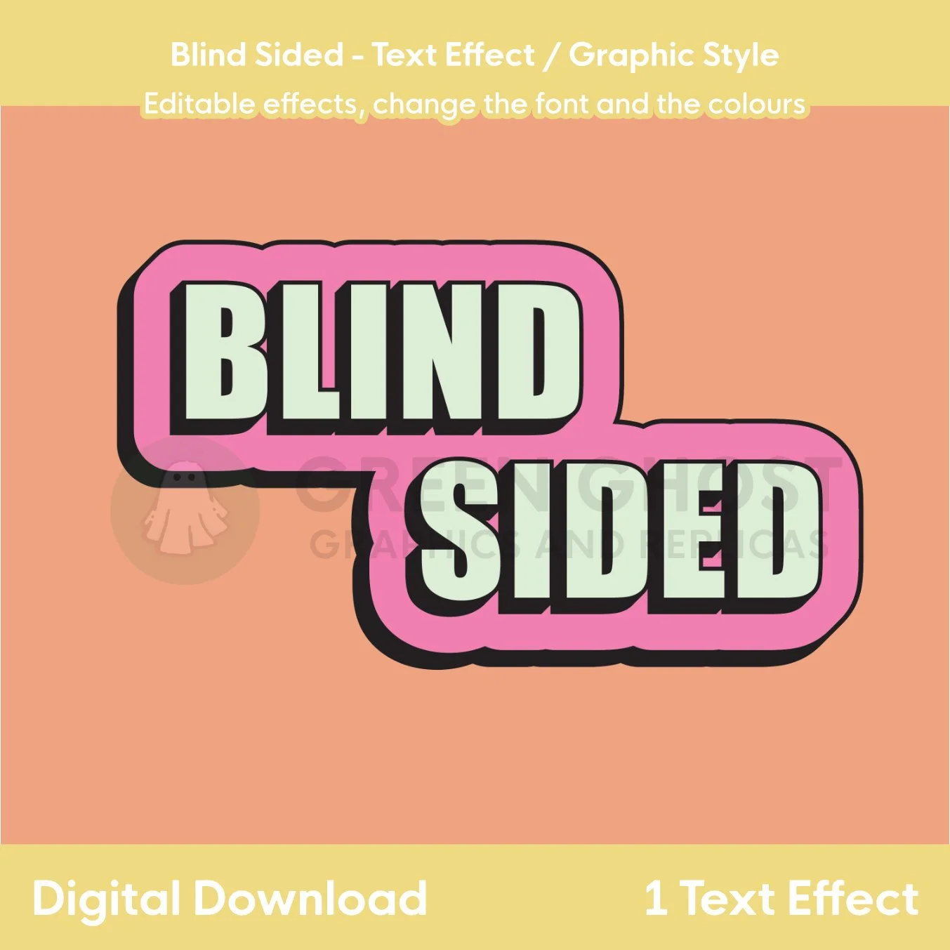 A mint‑green “BLIND SIDED” text graphic with black and pink layered outlines displayed on a peach background.