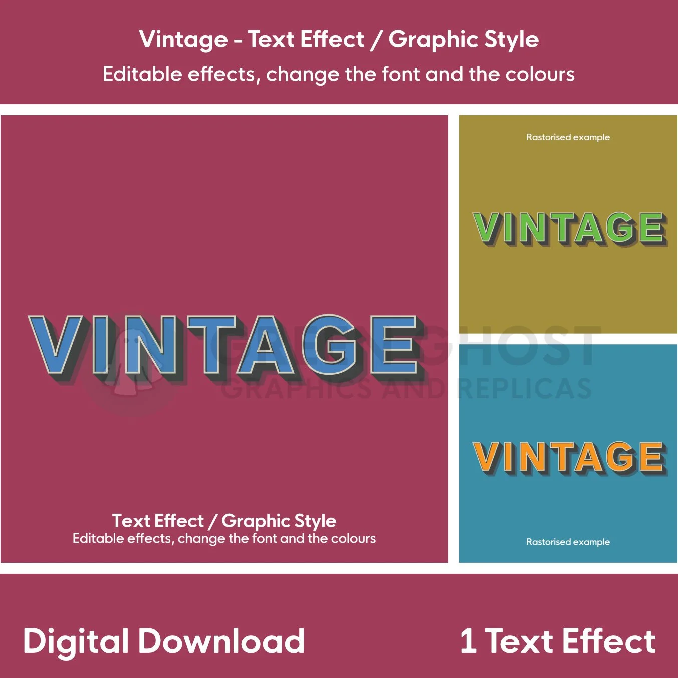 Vintage Text Effect, blue text alongside a version with mustard and aqua backgrounds.
