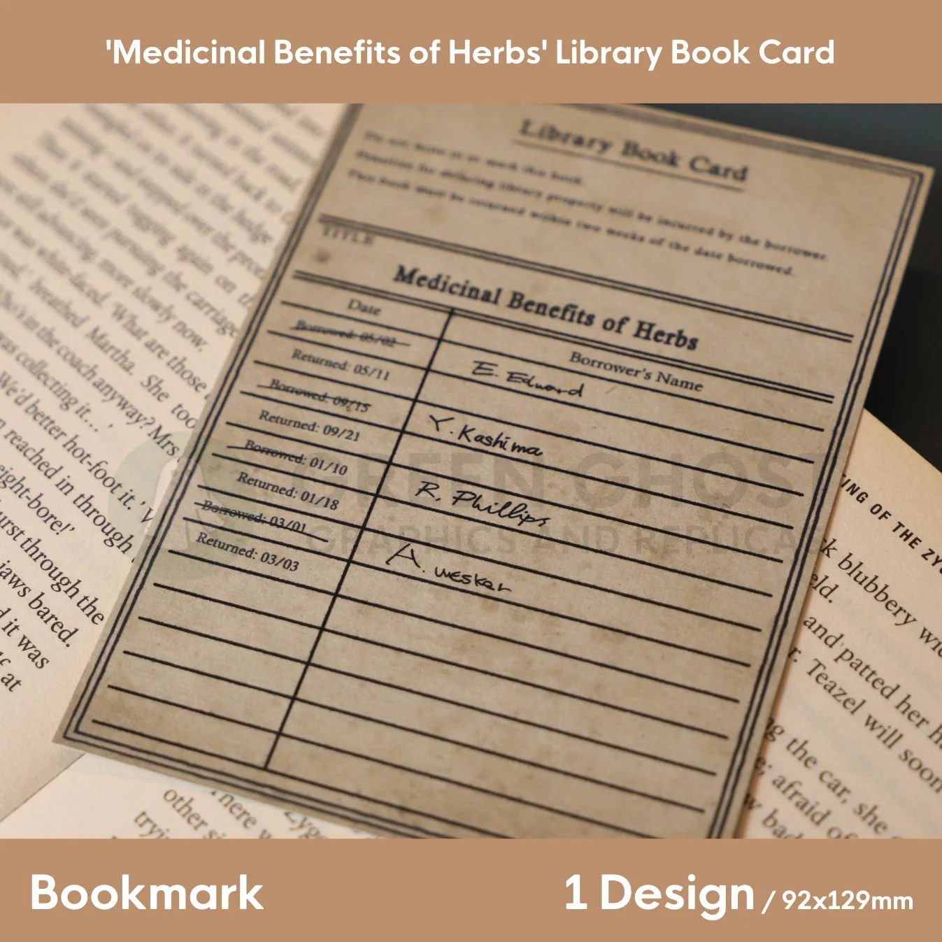 A library‑style checkout card for ‘Medicinal Benefits of Herbs’ inserted into an open book, featuring handwritten borrower names and dates.
